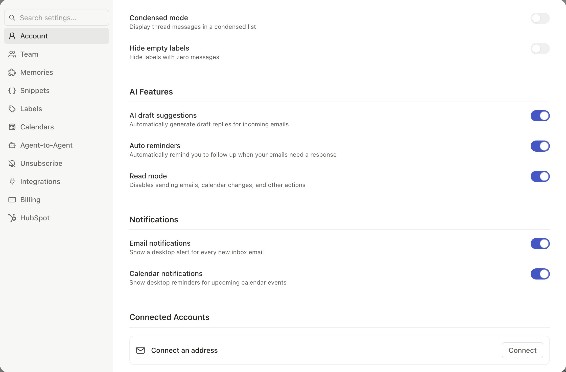 AI privacy settings and Read Mode toggle