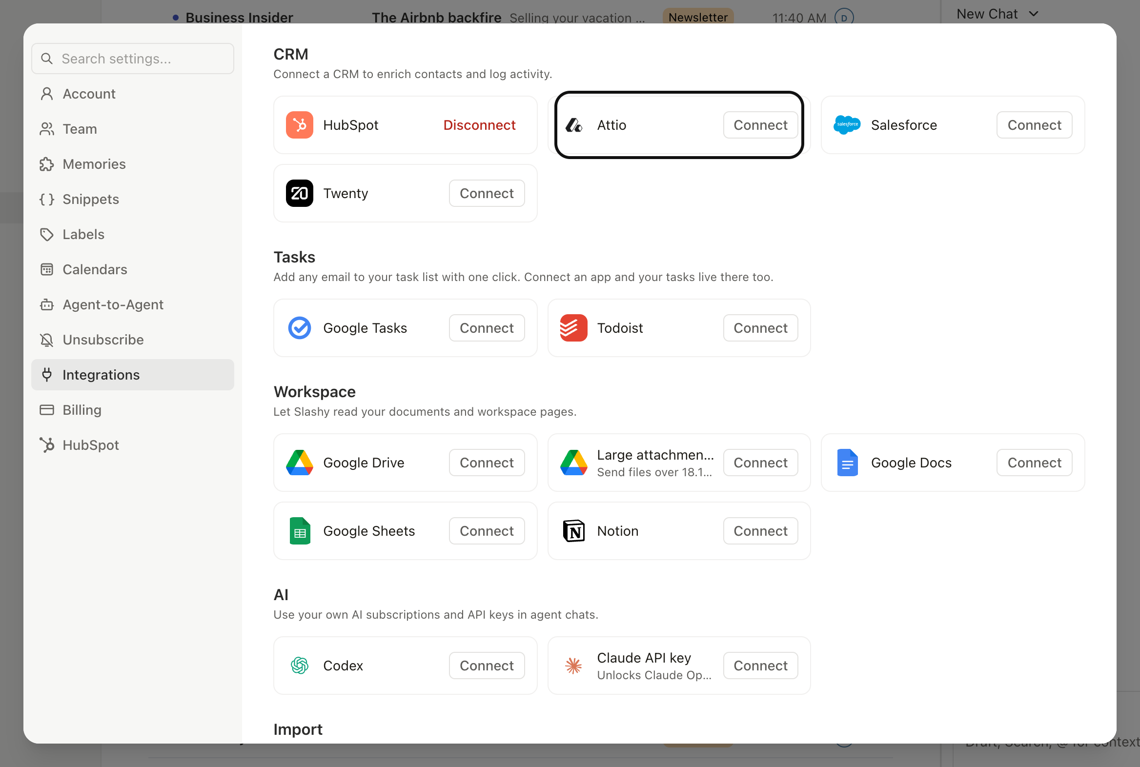 Settings, Integrations, Attio screen with the workspace picker