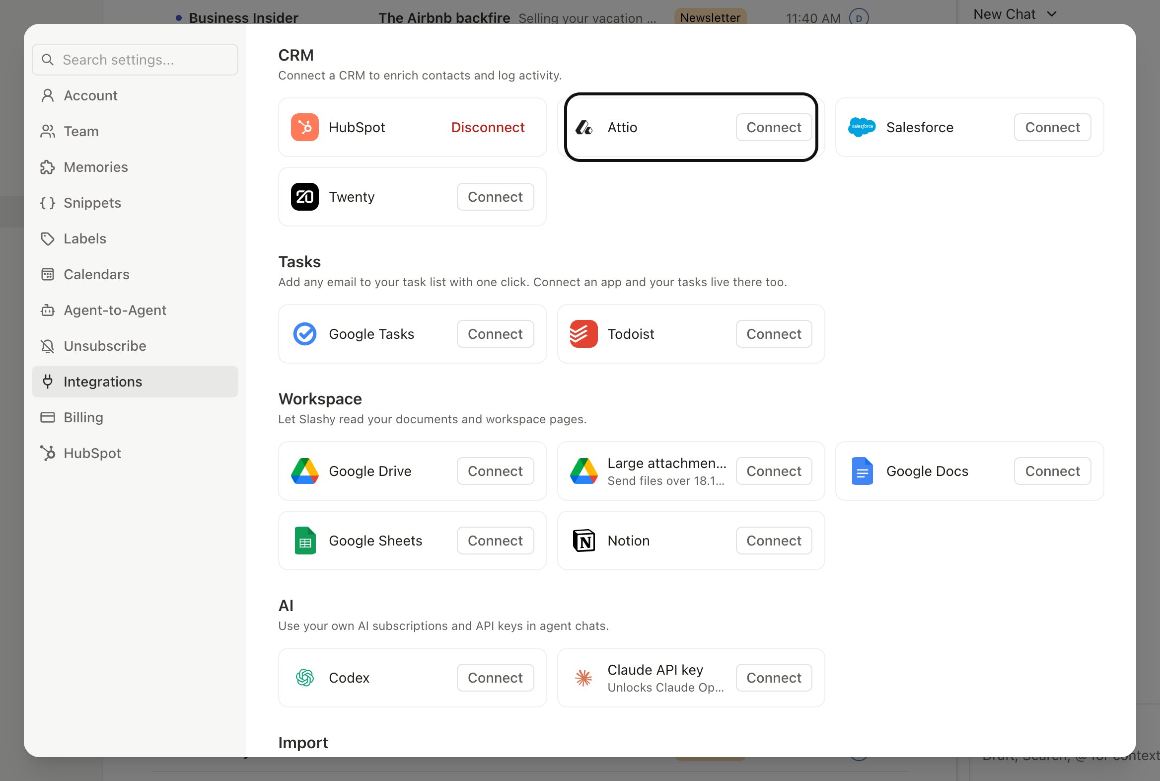Settings, Integrations, Attio screen with the workspace picker