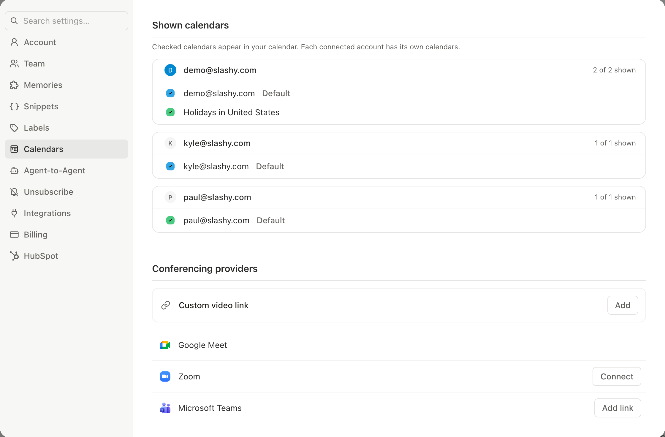 Calendar settings showing list of calendars with toggle switches