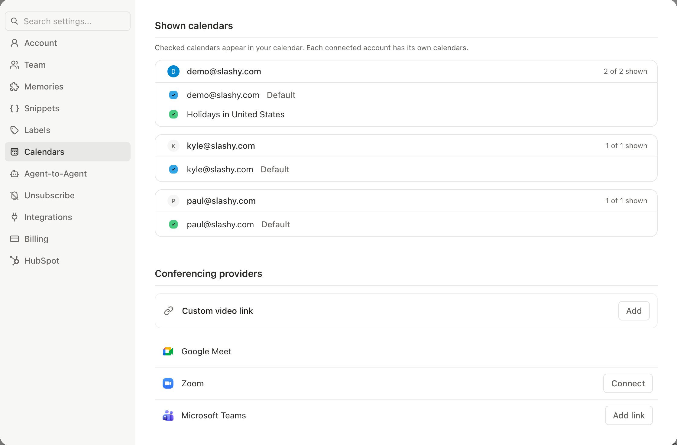 Calendar settings showing list of calendars with toggle switches