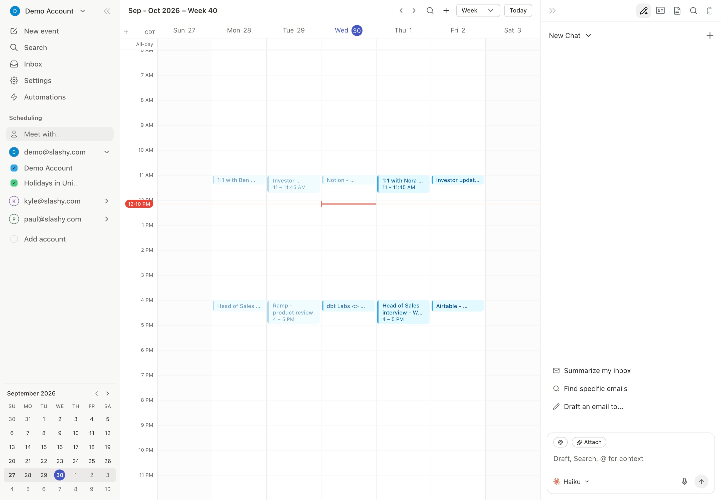 Google Calendar synced in Slashy showing events alongside the inbox
