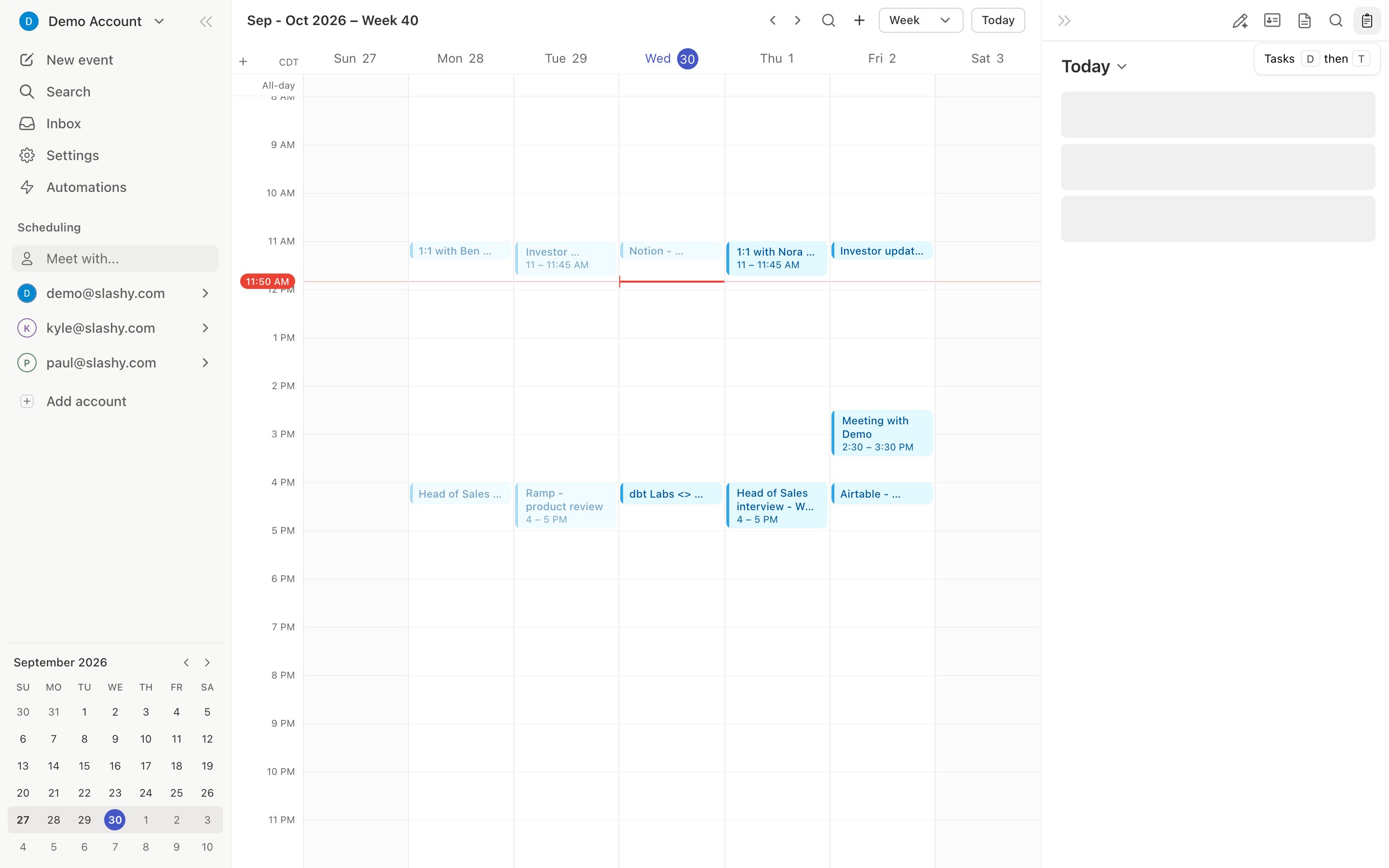 The calendar week view with the Tasks panel open beside it