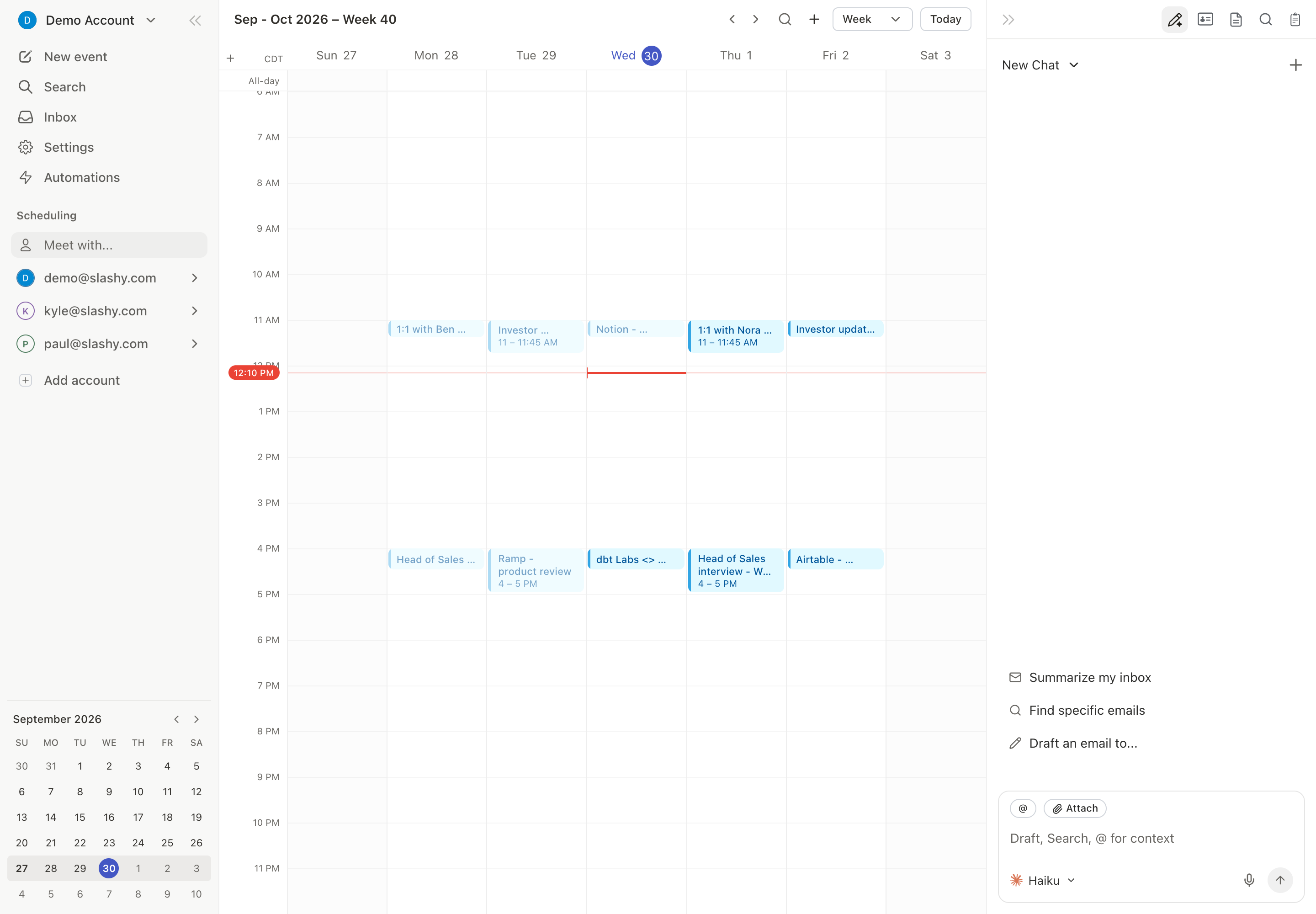 Slashy calendar week view with a scheduled meeting that a calendar trigger can fire around