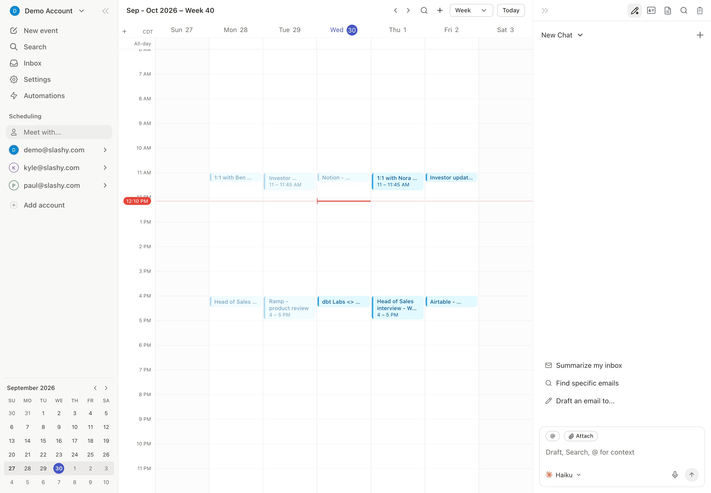 Slashy calendar week view with a scheduled meeting that a calendar trigger can fire around