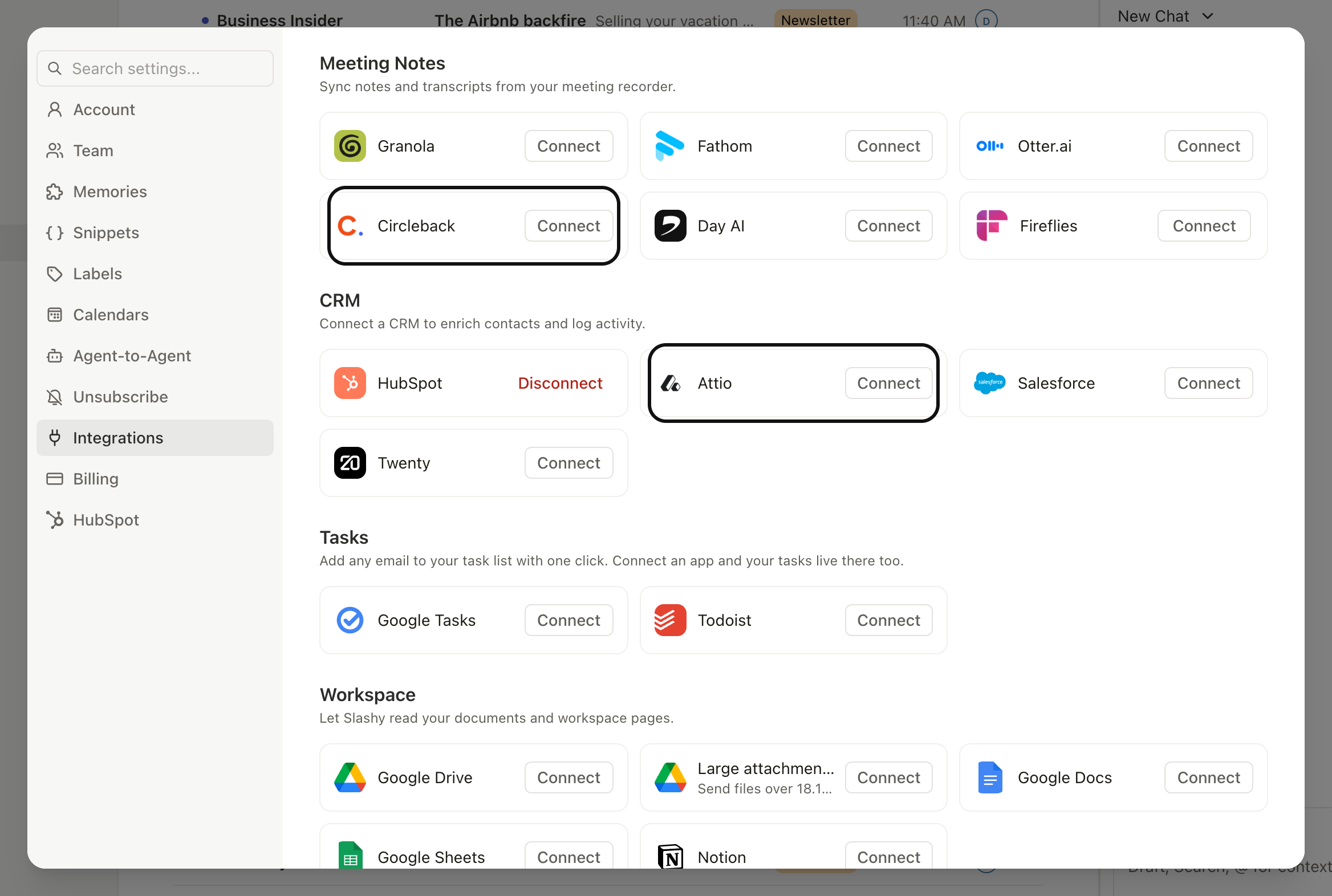 Slashy Settings open to the Circleback integration page with a Connect button