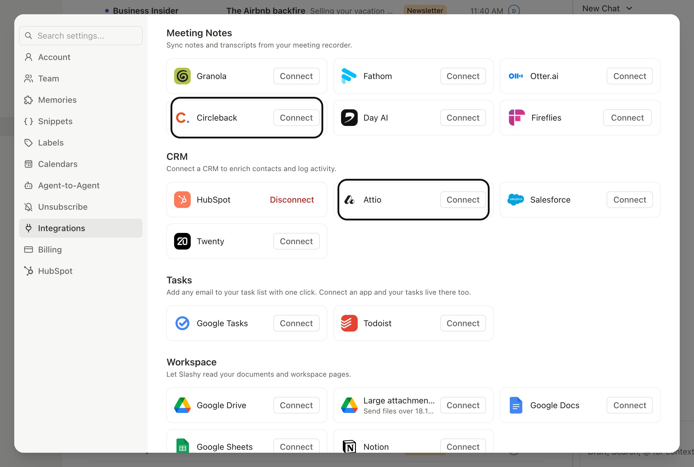 Slashy Settings open to the Circleback integration page with a Connect button