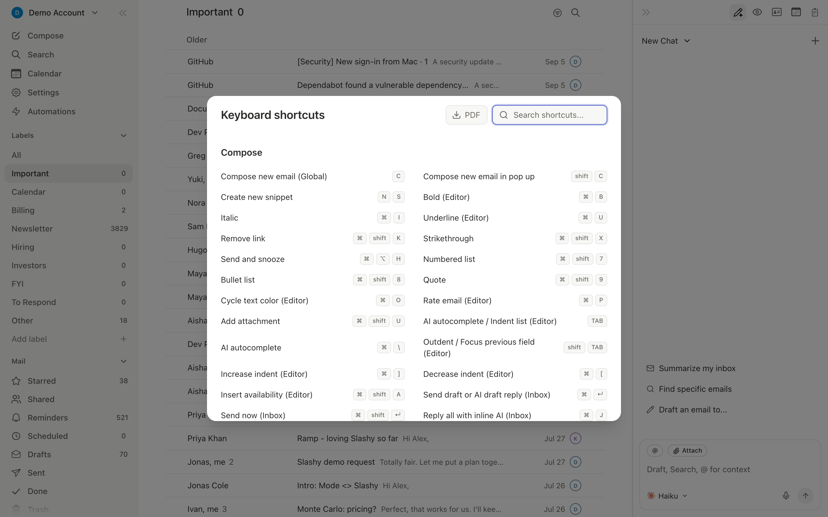 Command palette rows showing keyboard shortcuts on the right edge