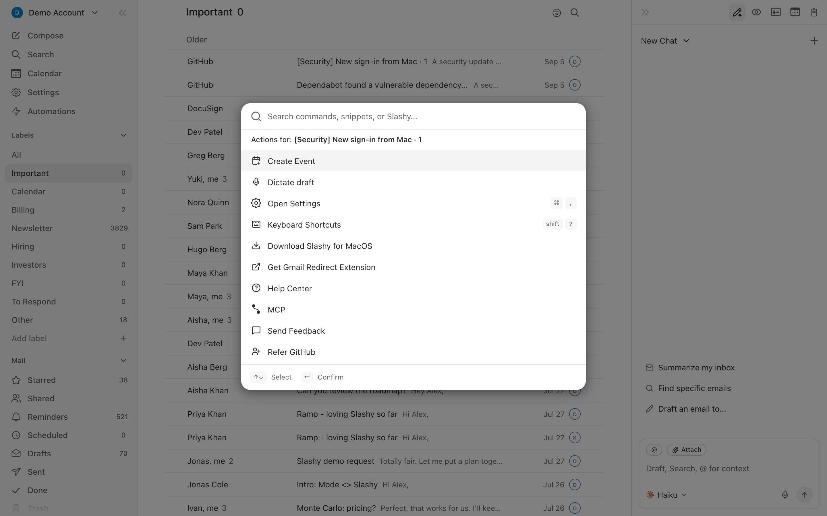 Command palette open with the search box and a list of suggested commands