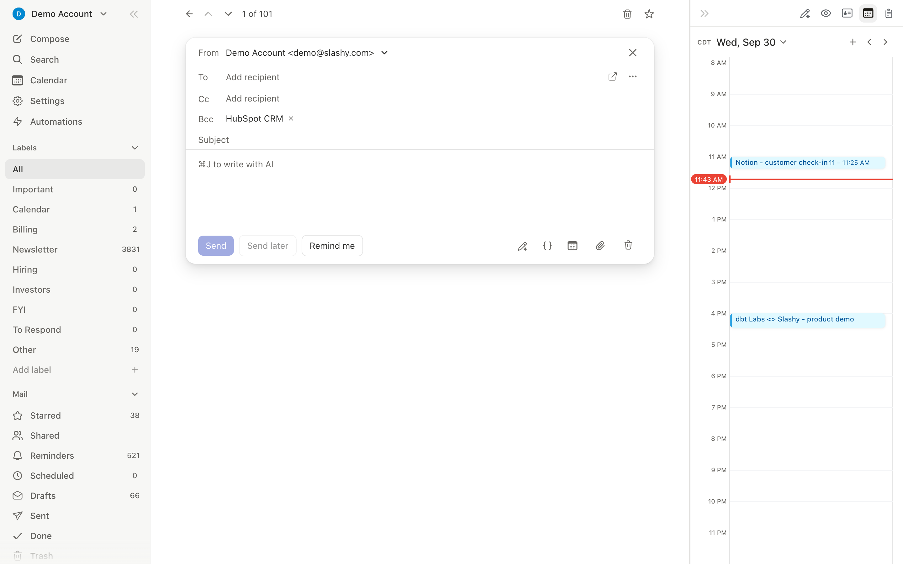 Slashy compose window with rich text editor and recipient chips
