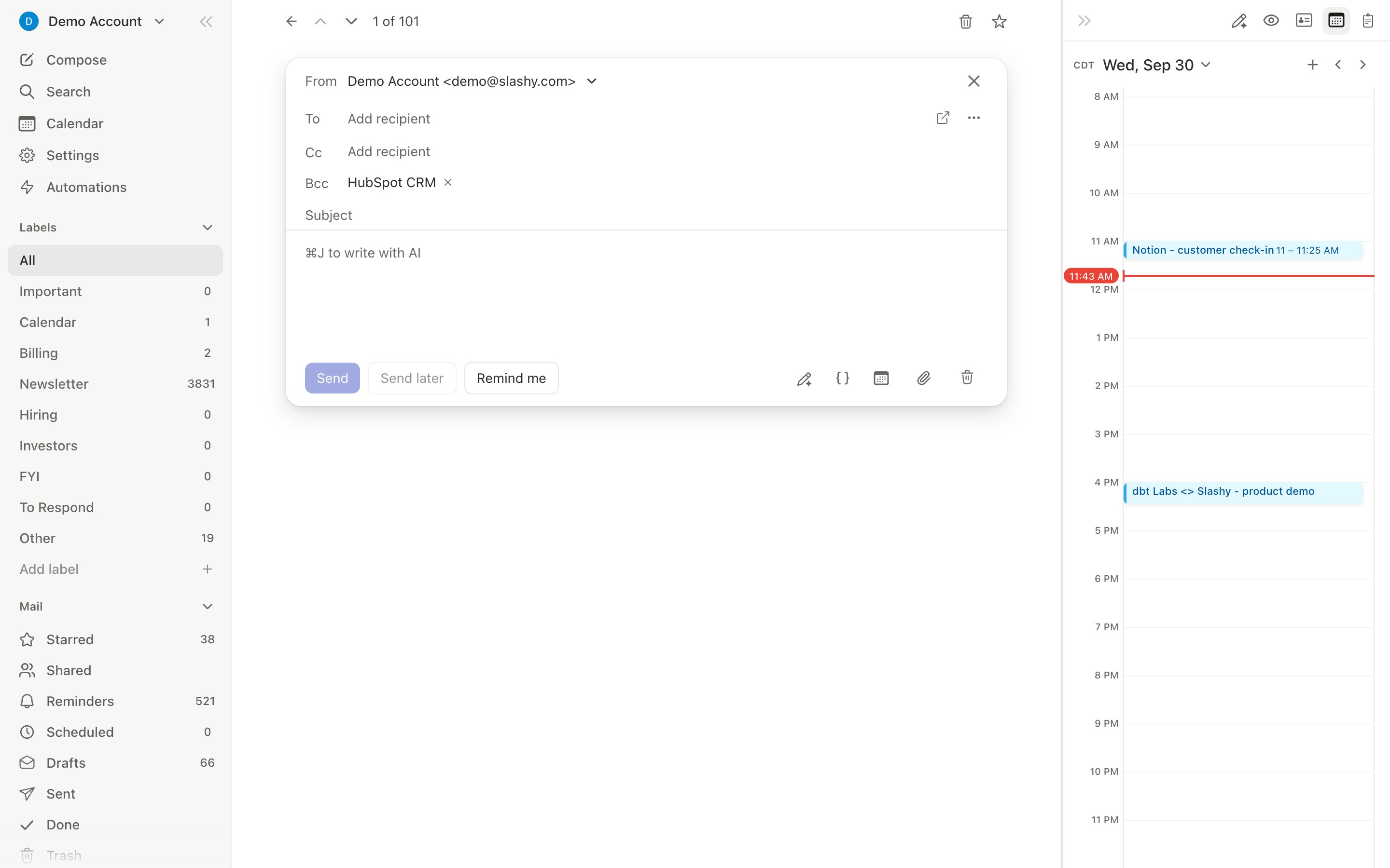 Slashy compose window with rich text editor and recipient chips