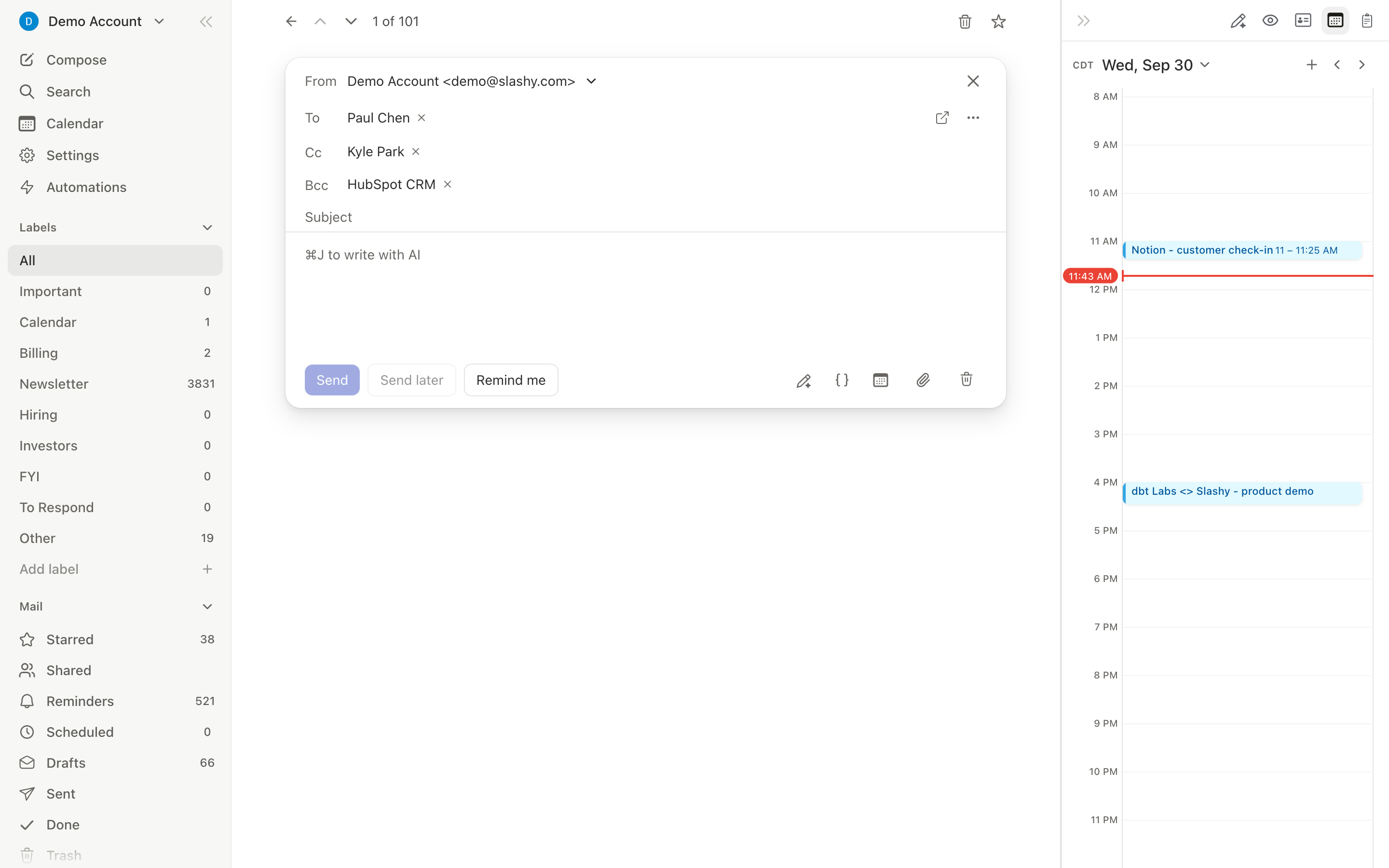 Pop-up compose window floating over the inbox view