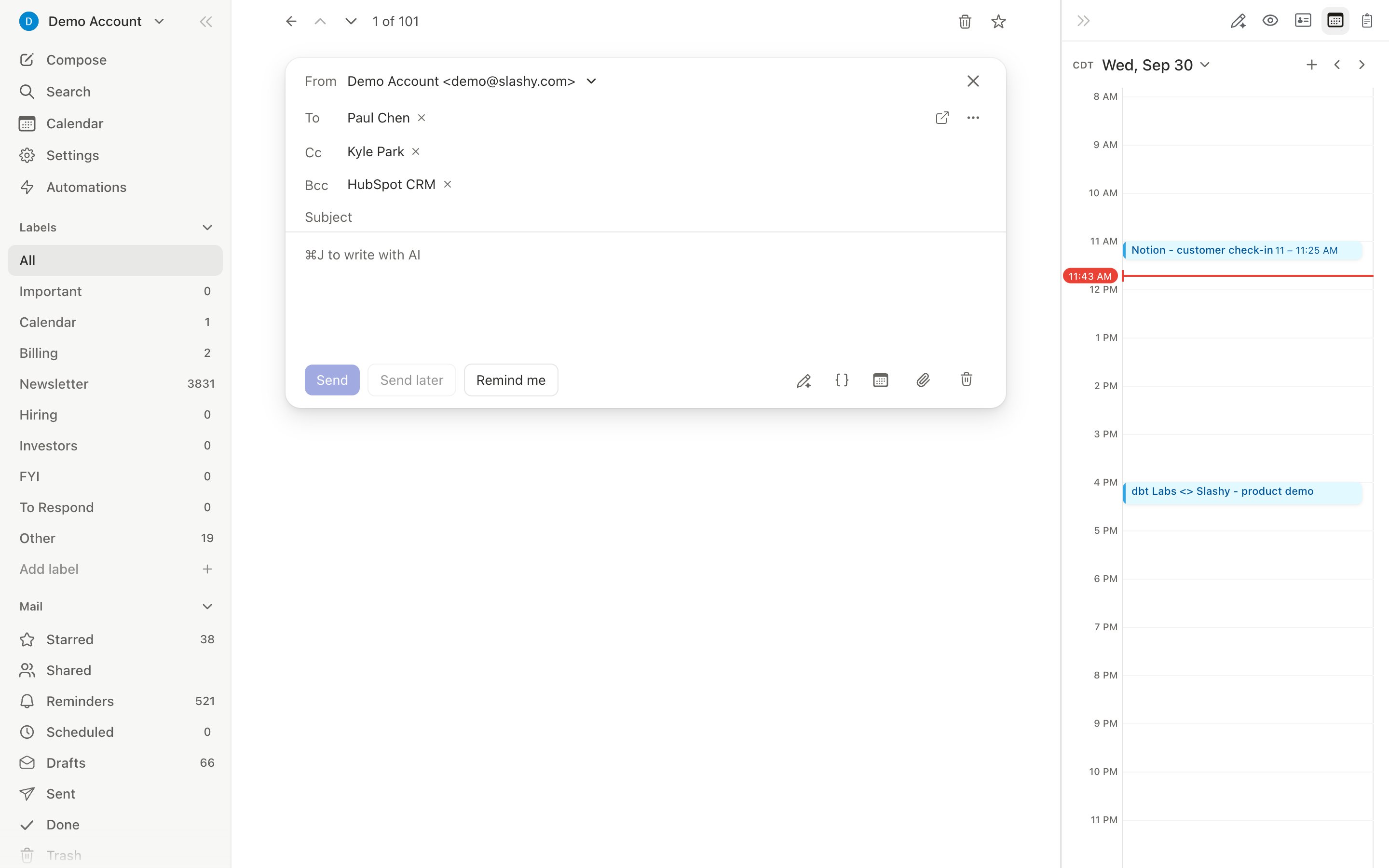 Pop-up compose window floating over the inbox view