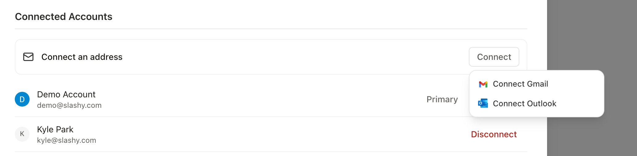 Connect menu in Settings showing Connect Gmail and Connect Outlook