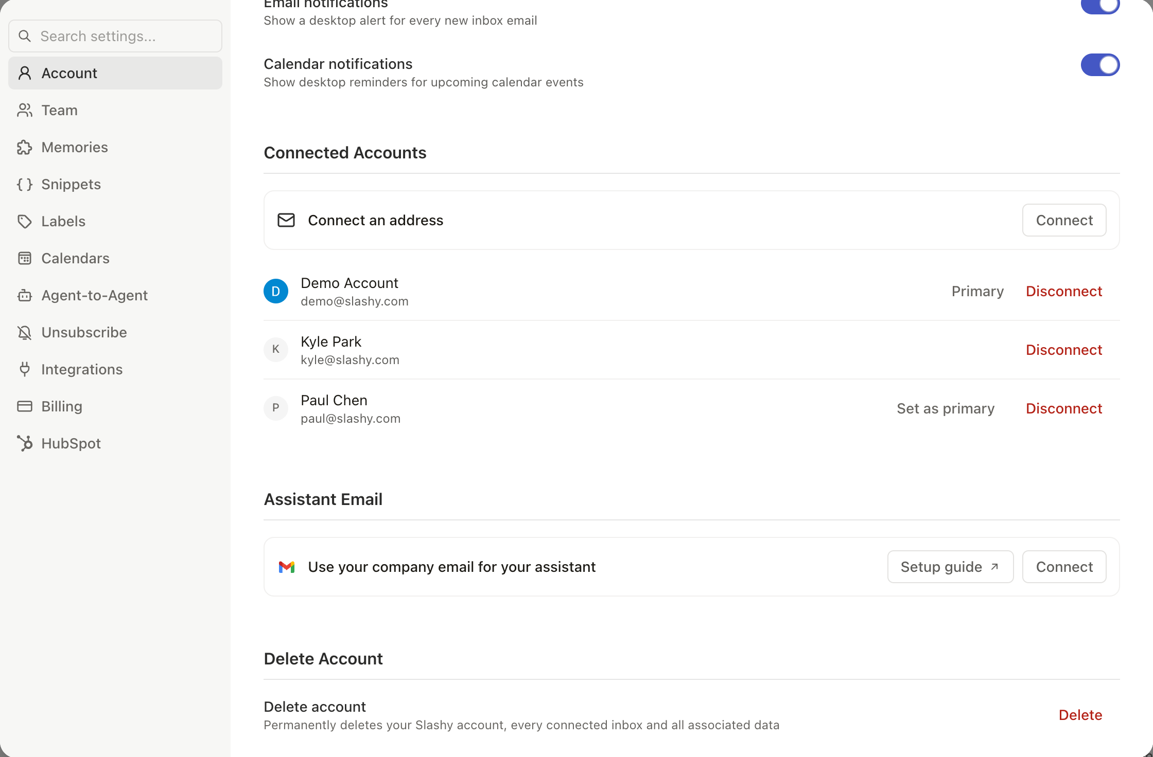 Settings showing two connected accounts