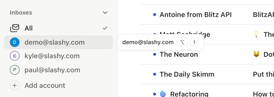 Account switcher showing multiple connected accounts