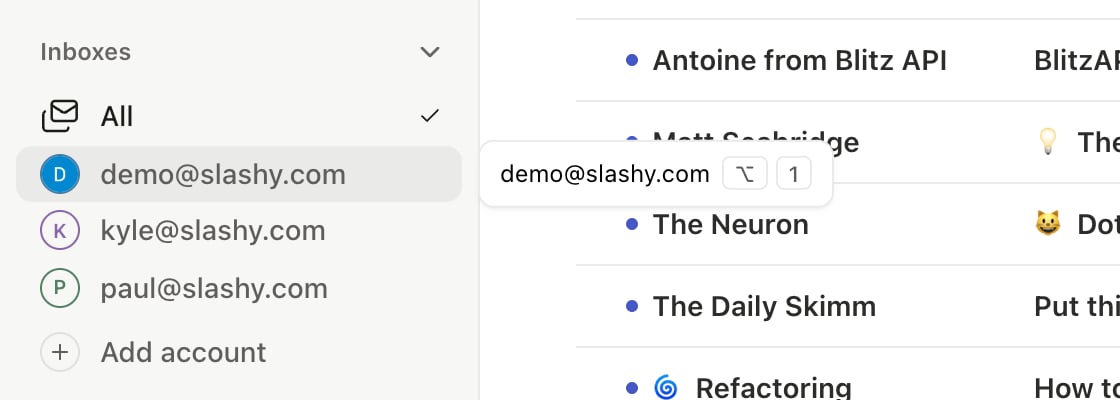 Account switcher showing multiple connected accounts