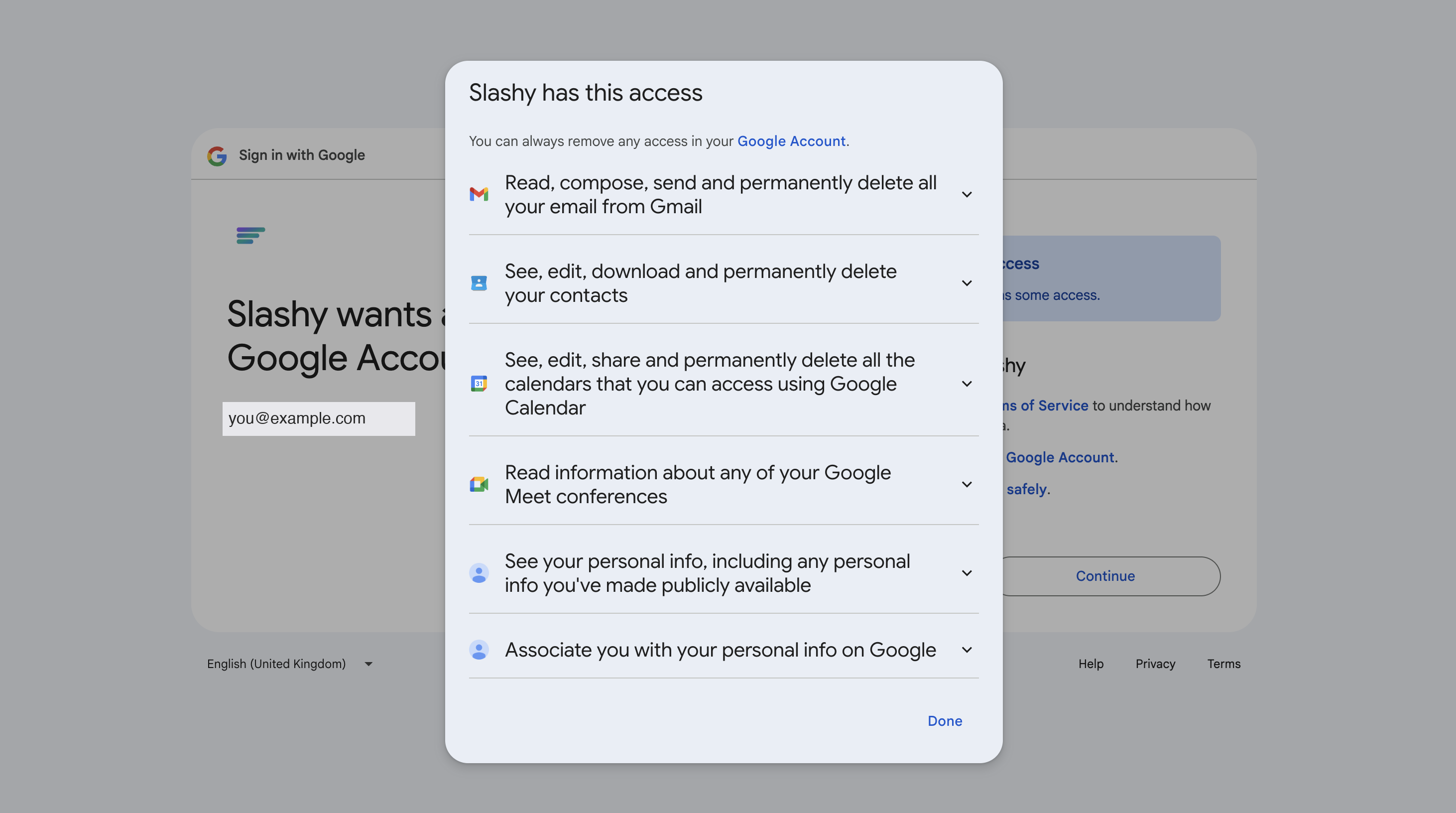 Google OAuth consent screen showing Slashy permissions
