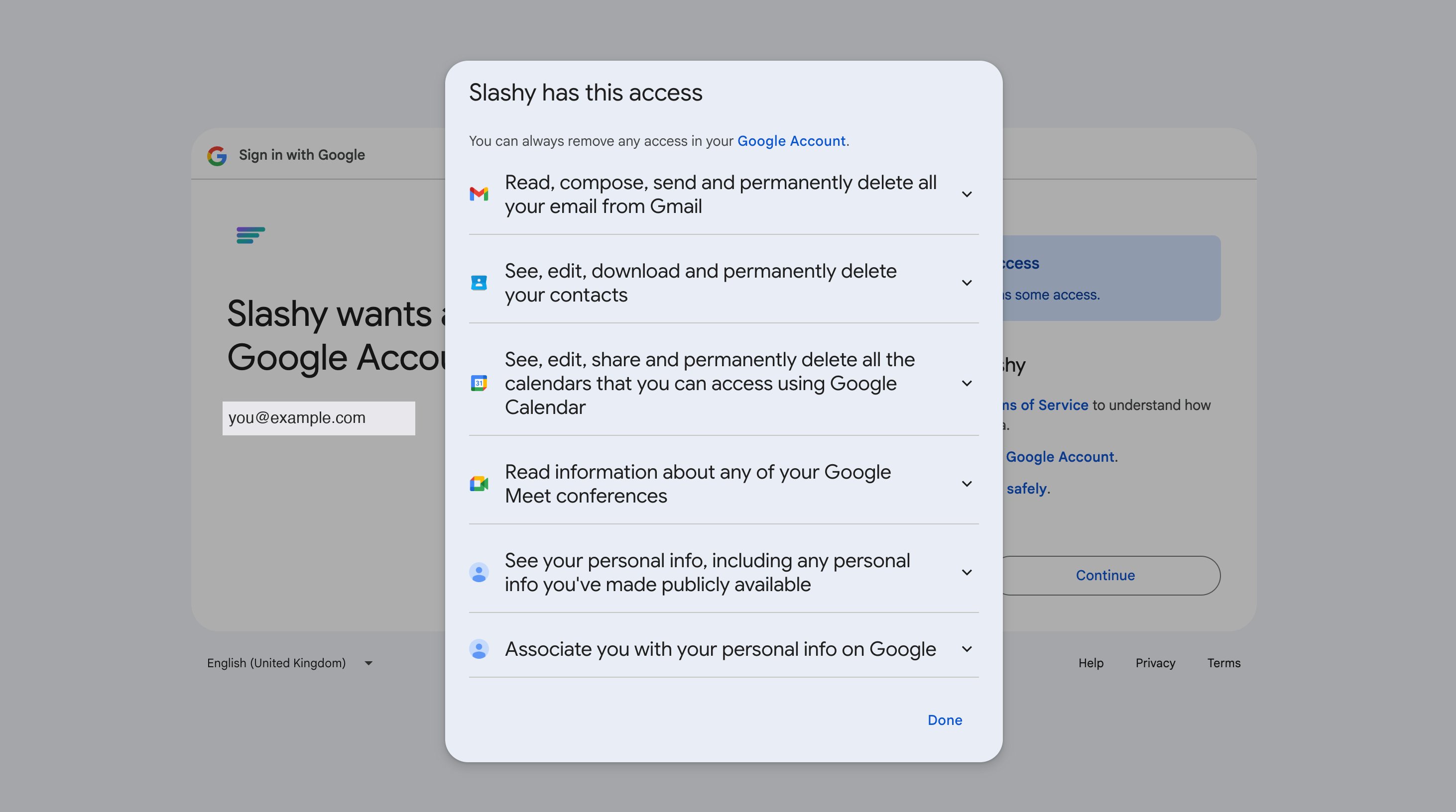 Google OAuth consent screen showing Slashy permissions