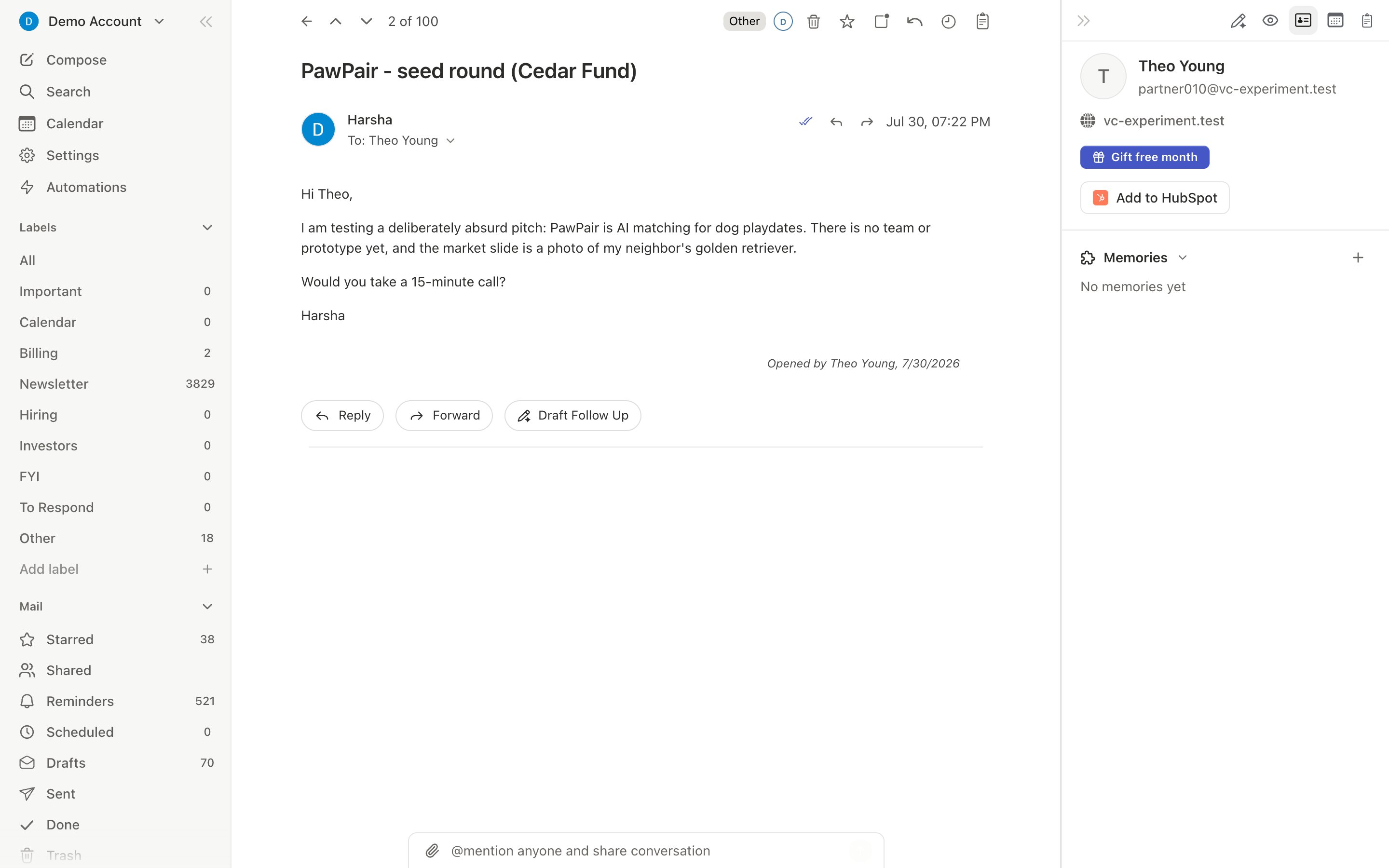 Contact sidebar open on the right with the contact's details and recent history