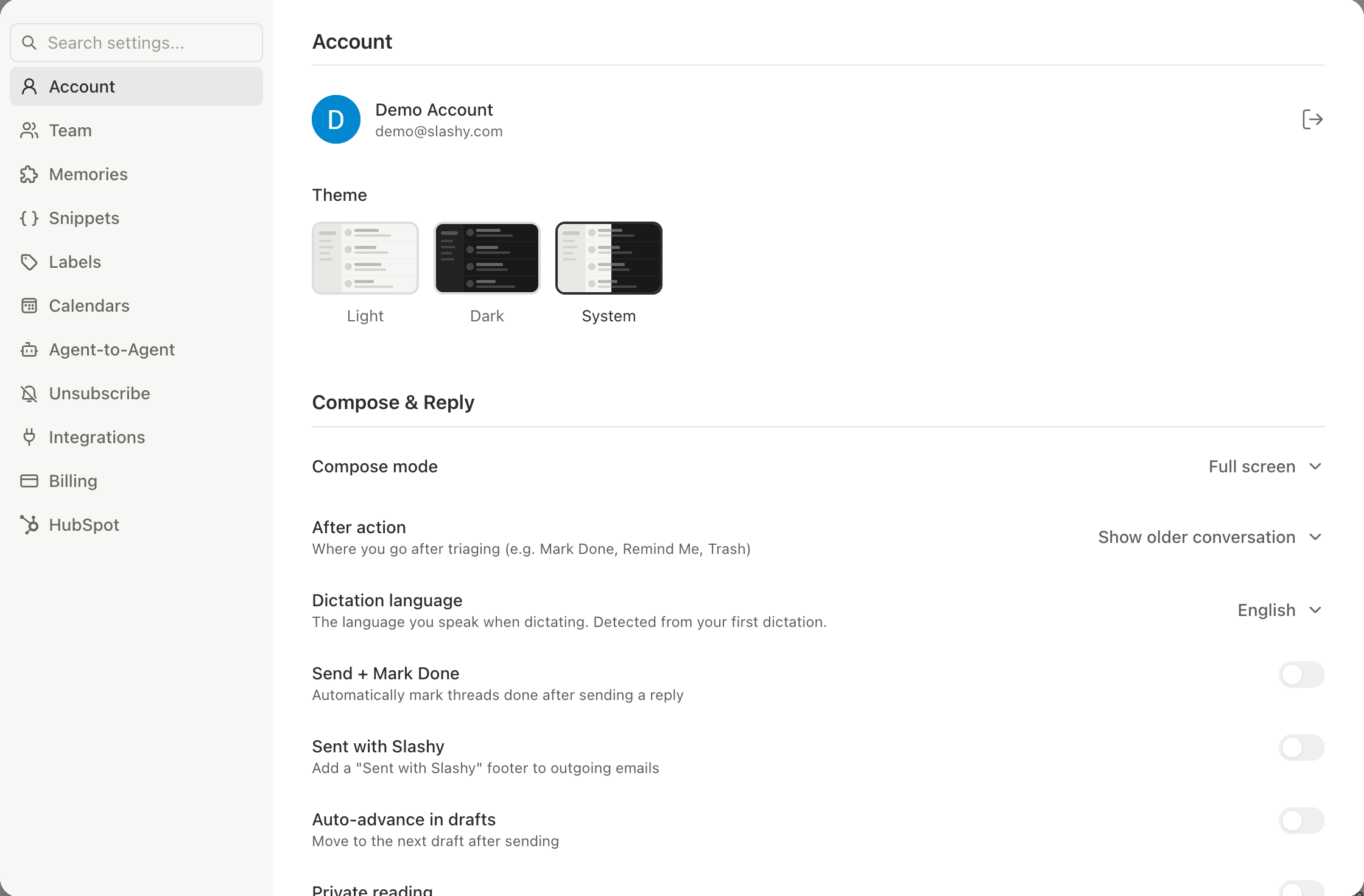 Theme selector showing Light, Dark, and System options with preview thumbnails