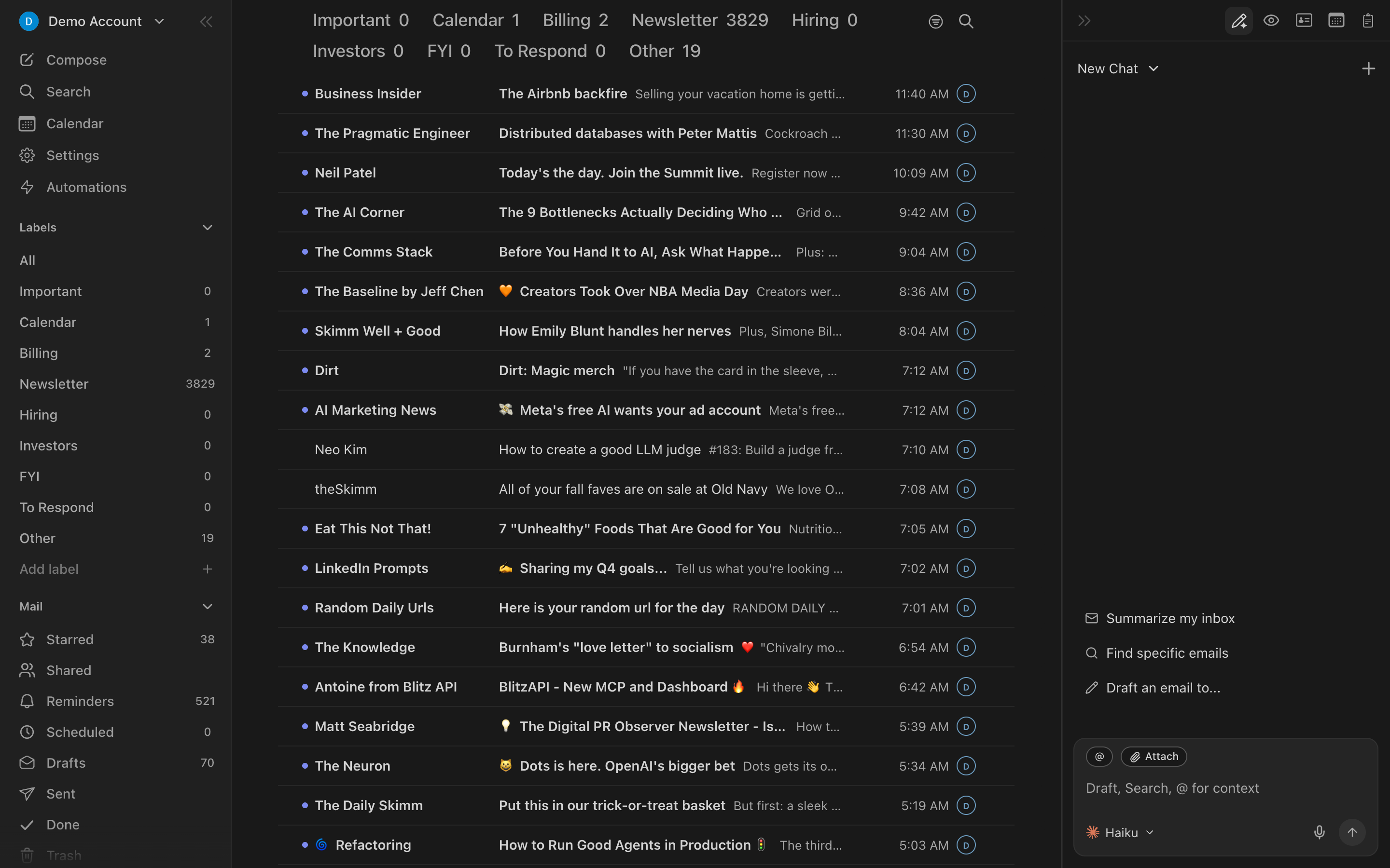 Dark theme applied with sidebar and inbox visible