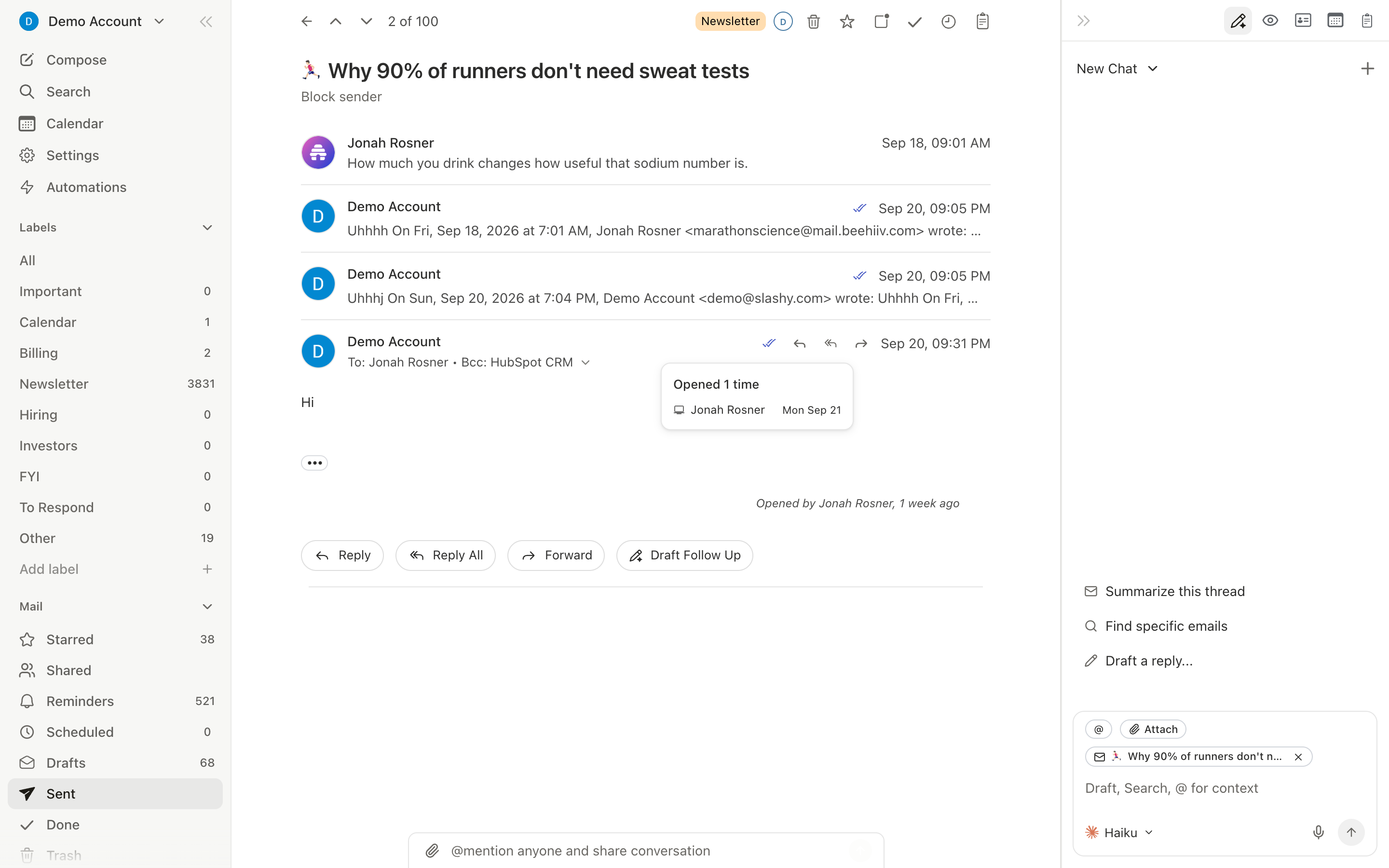 Email tracking panel showing open timestamps, device info, and recipient details