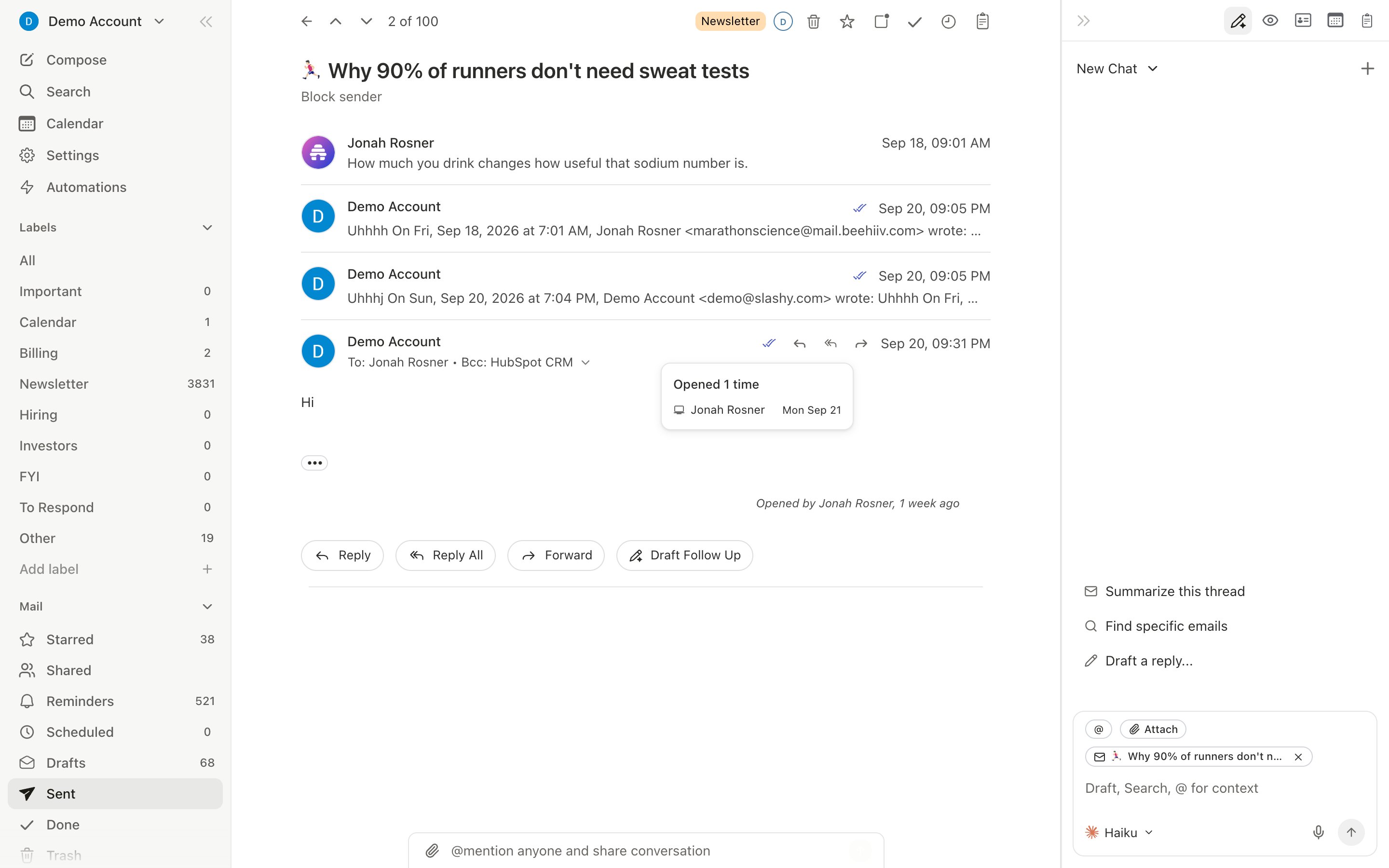 Email tracking panel showing open timestamps, device info, and recipient details