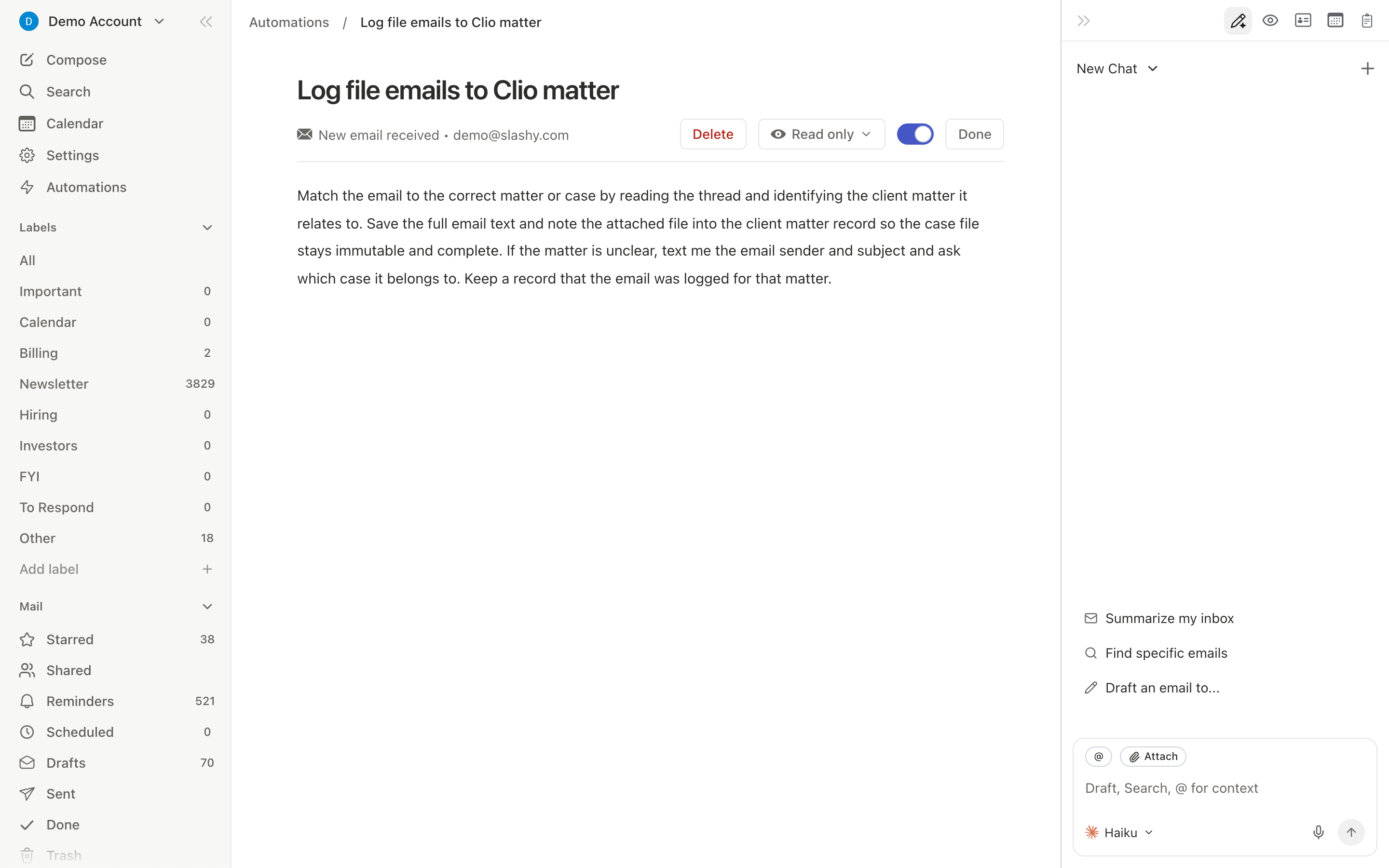 Email trigger showing condition and action in Settings