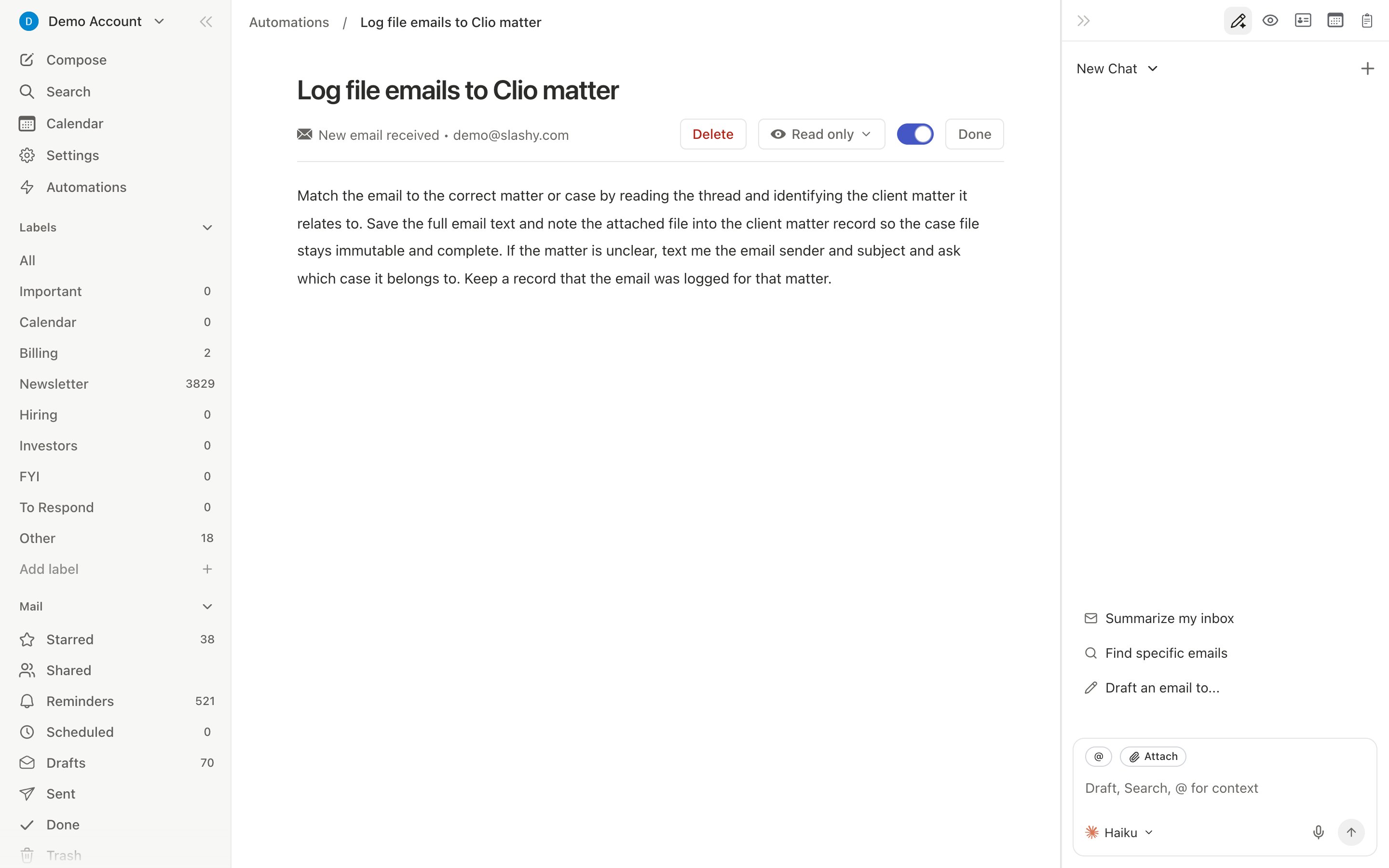 Email trigger showing condition and action in Settings