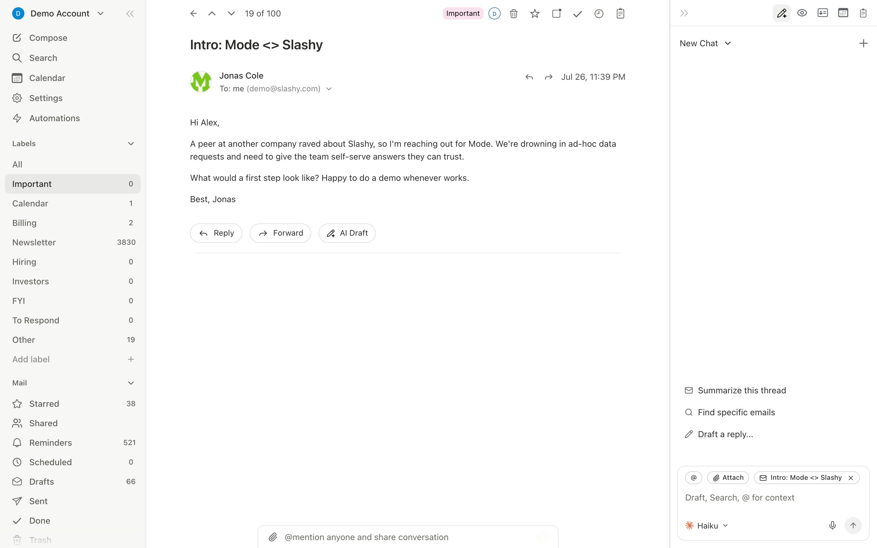 Slashy inbox with AI importance labels in the sidebar, a thread open, and the agent ready in the right panel