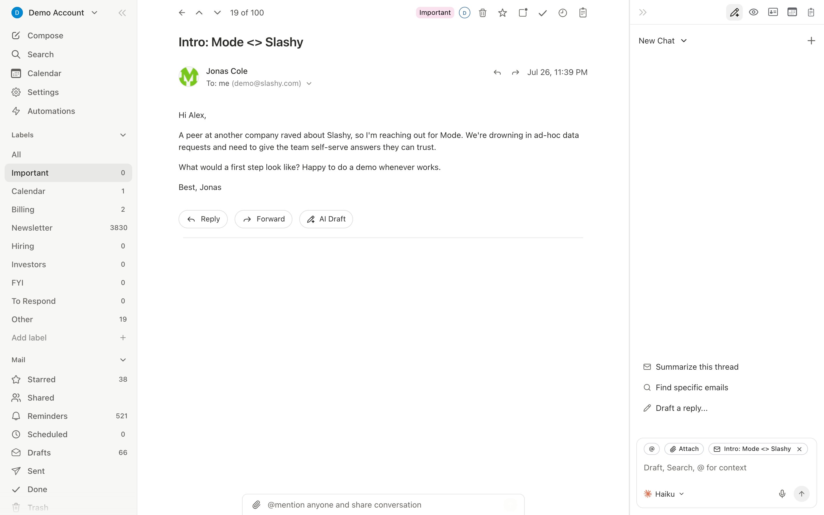 Slashy inbox with AI importance labels in the sidebar, a thread open, and the agent ready in the right panel