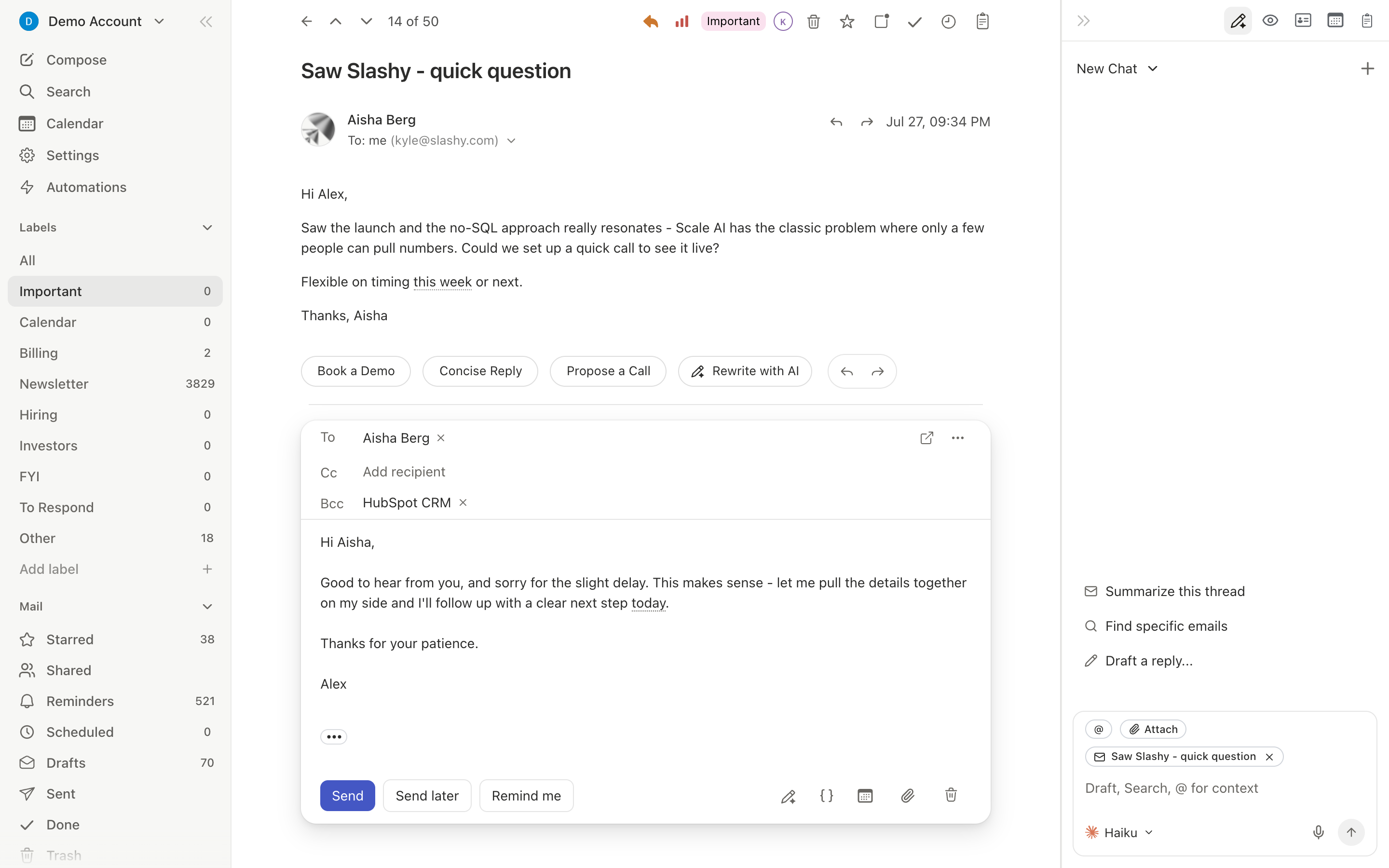 AI draft suggestion appearing below an incoming email with Accept and Dismiss buttons