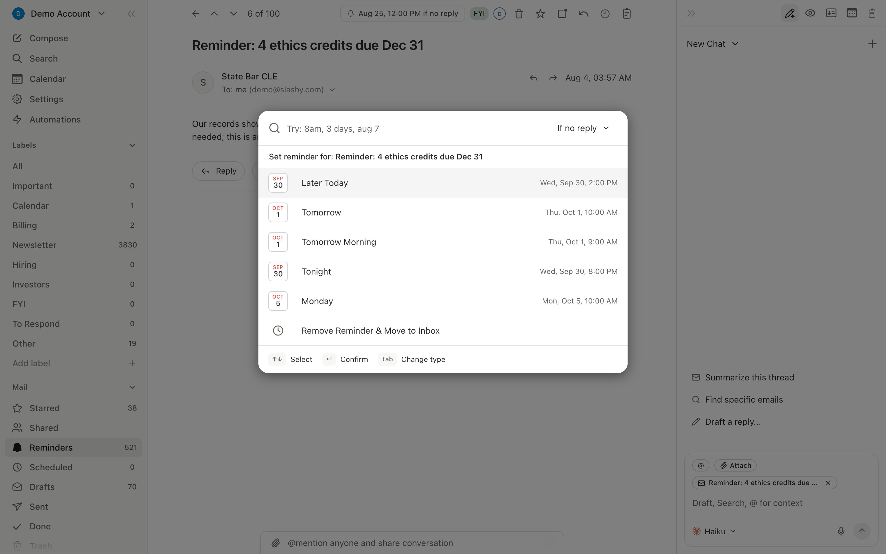 Active reminders view showing threads with pending follow-up reminders sorted by fire time