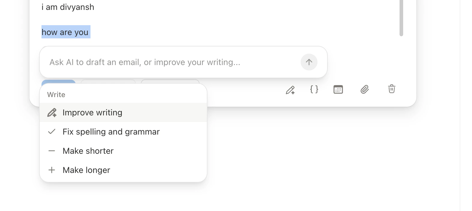 AI editing toolbar with Improve, Fix Grammar, Shorten, Lengthen, and Custom buttons