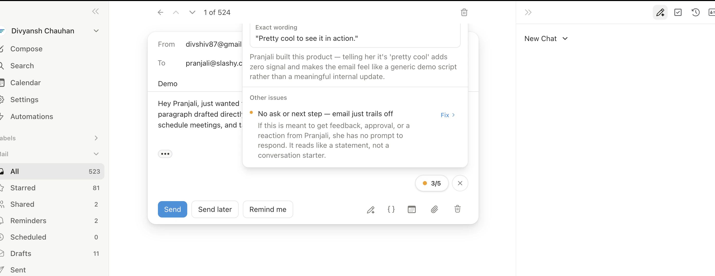 AI rating panel with goal, score, issues, and suggestions