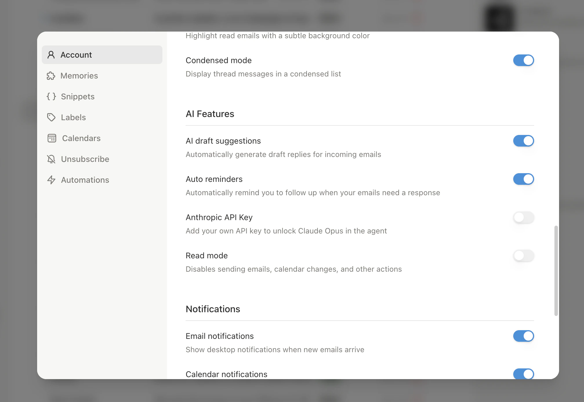 AI privacy settings and Read Mode toggle