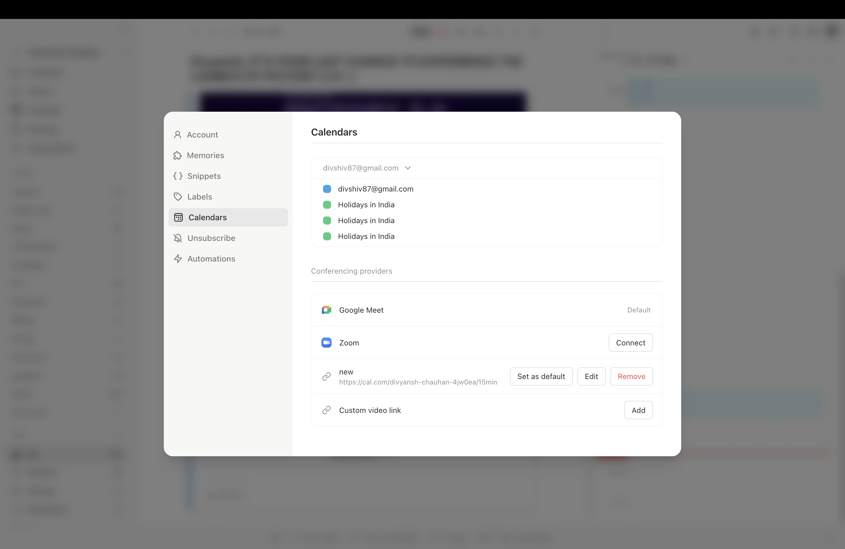 Booking link creation form in Settings