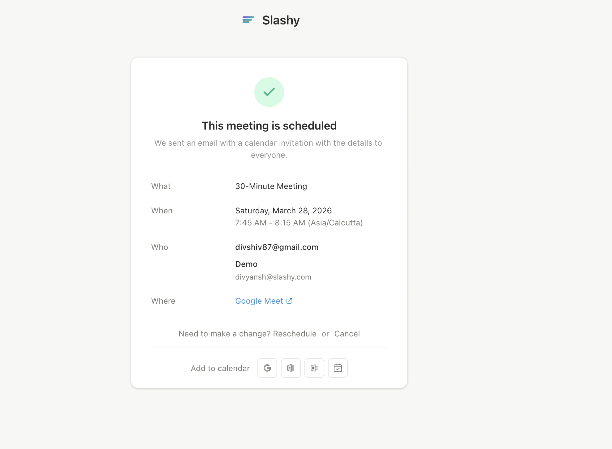 Booking confirmation page with calendar options