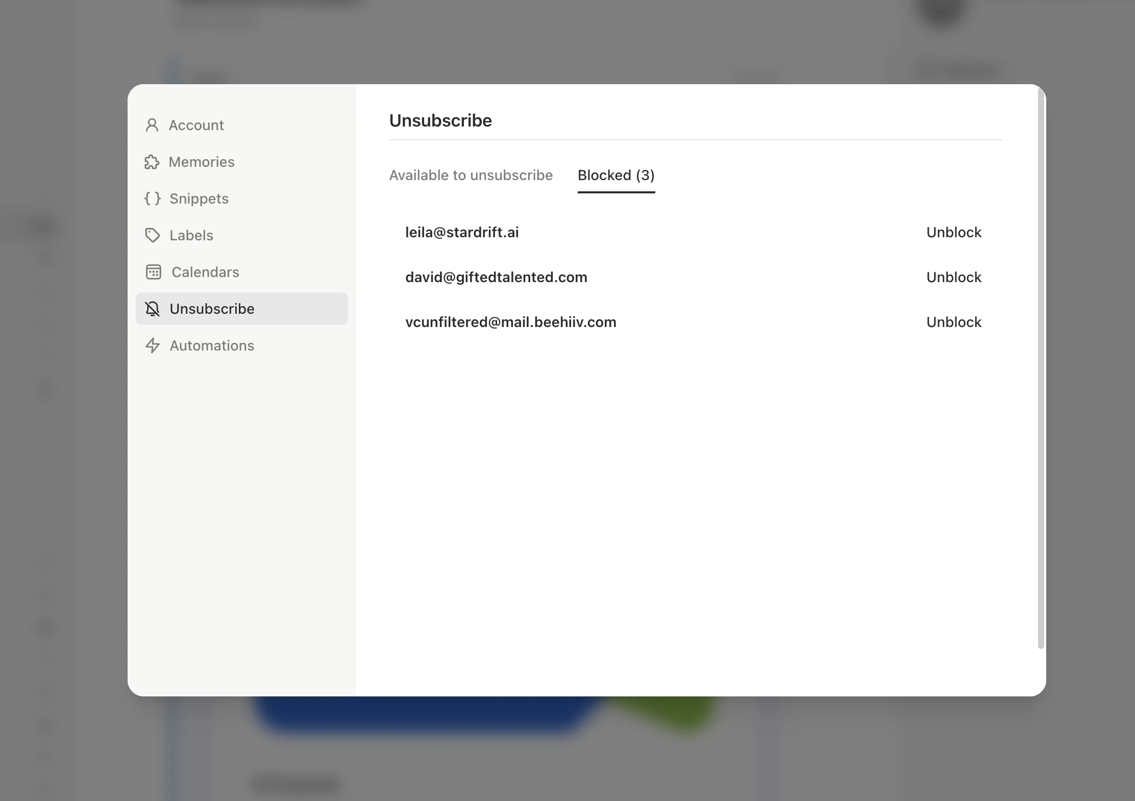 Blocked sender management showing unblock option and method used