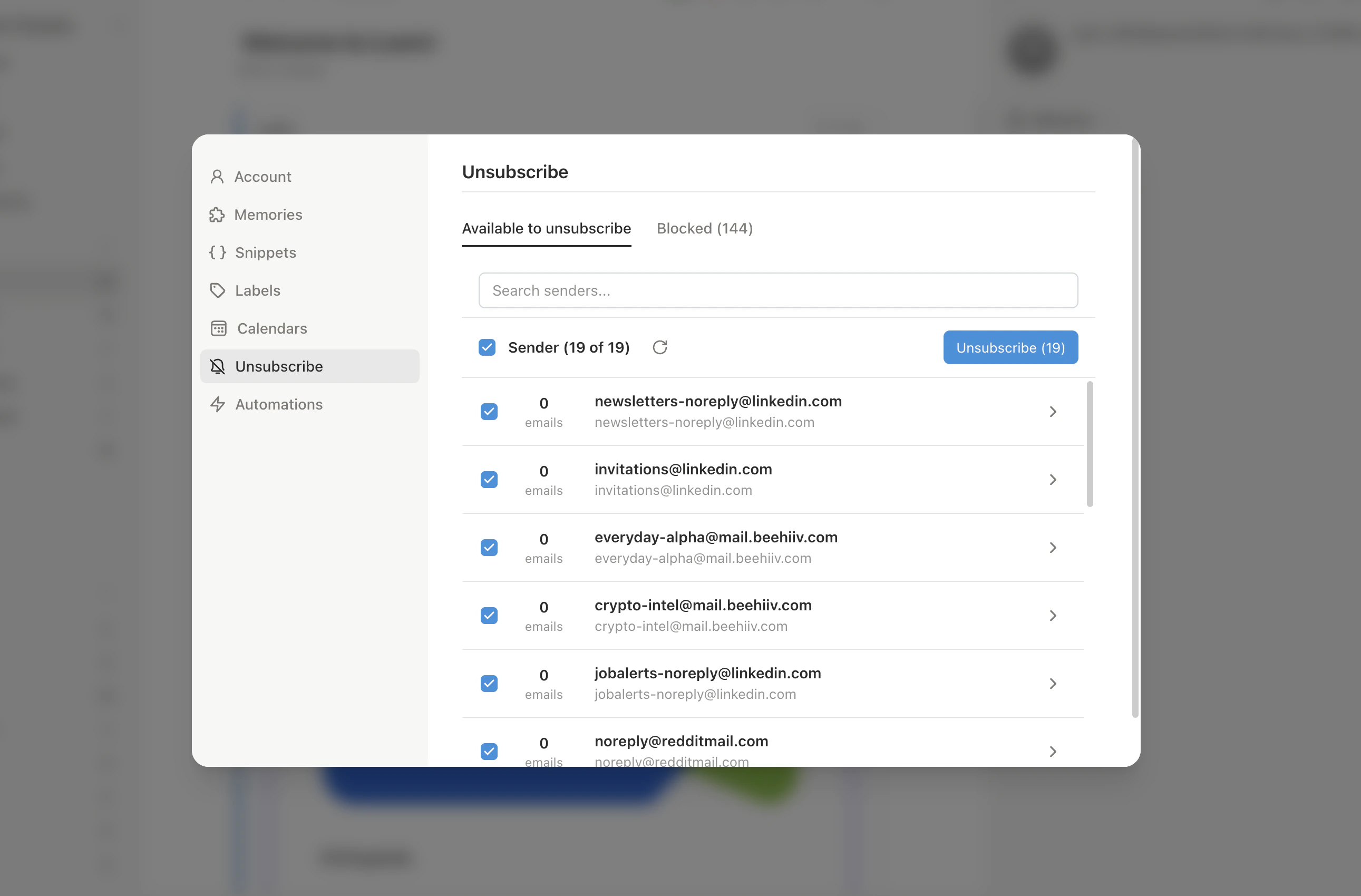 Bulk unsubscribe confirmation dialog showing number of senders to process