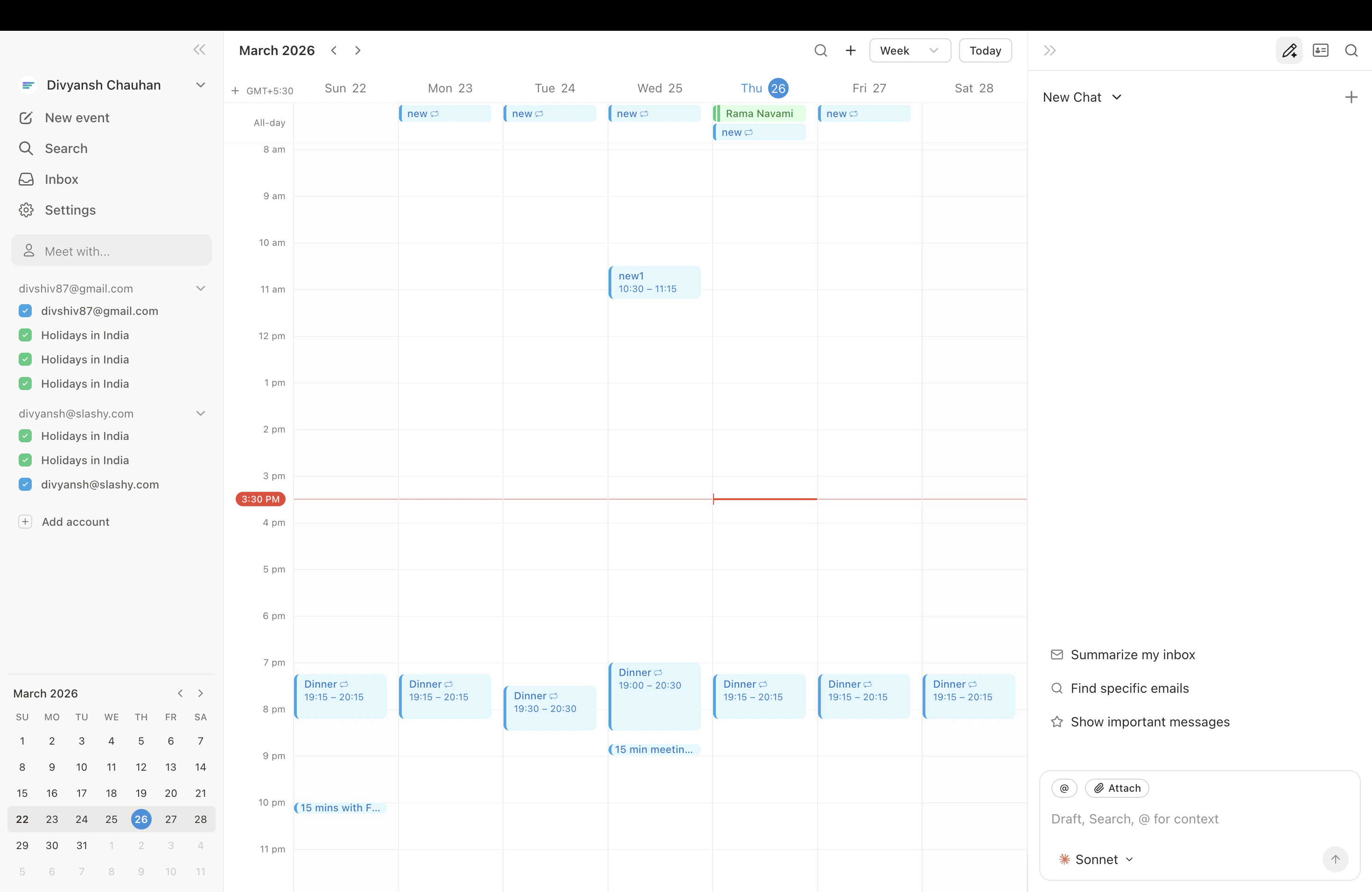 Google Calendar synced in Slashy showing events alongside the inbox