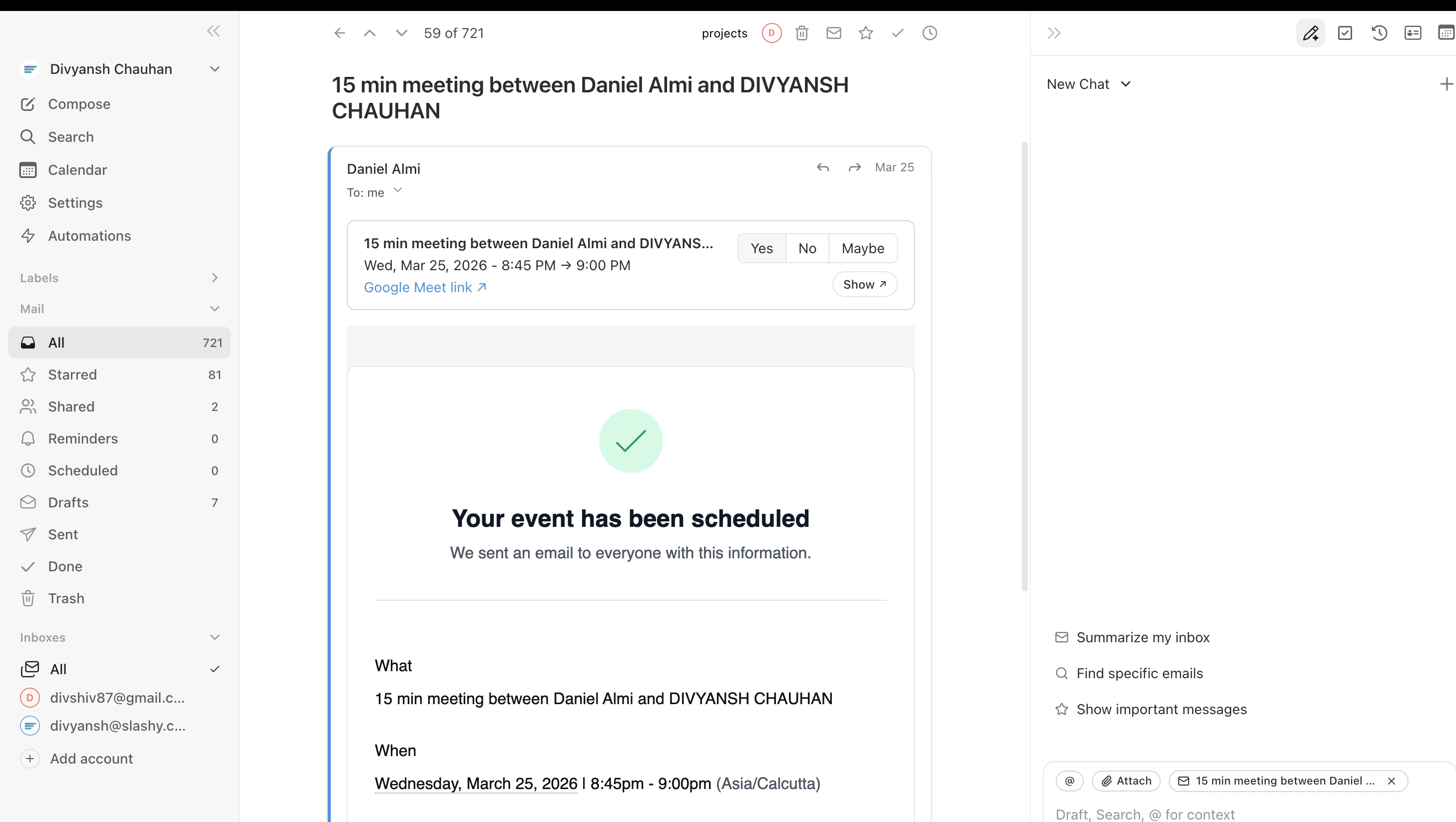 Availability picker overlay showing free time slots to insert into an email