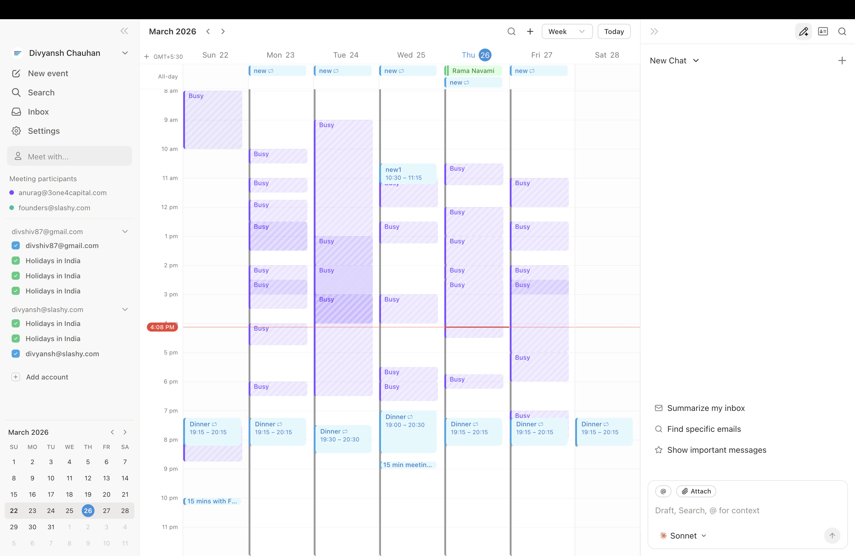 Meet With overlay showing color-coded busy times for multiple attendees
