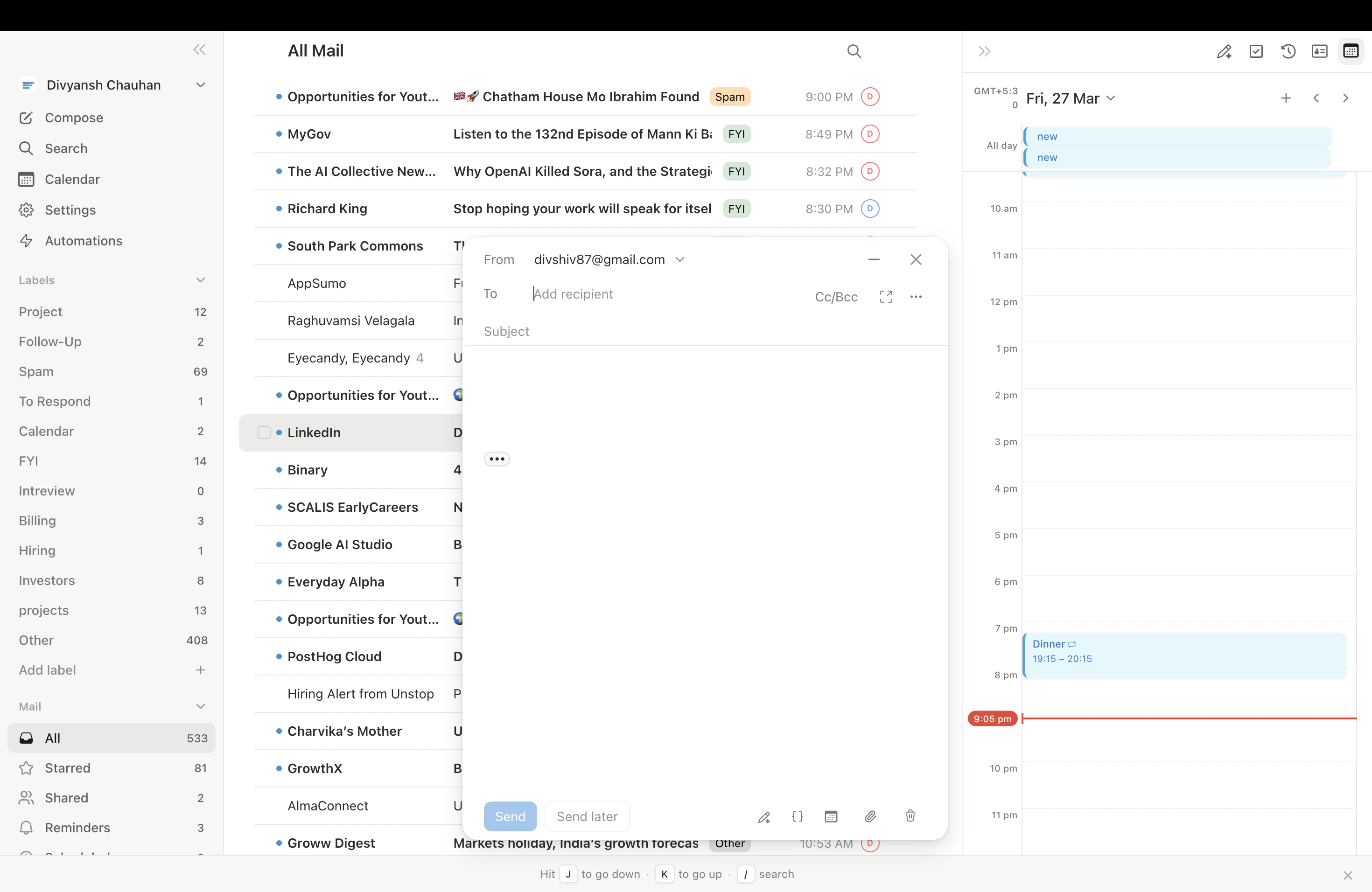 Slashy compose window with rich text editor and recipient chips