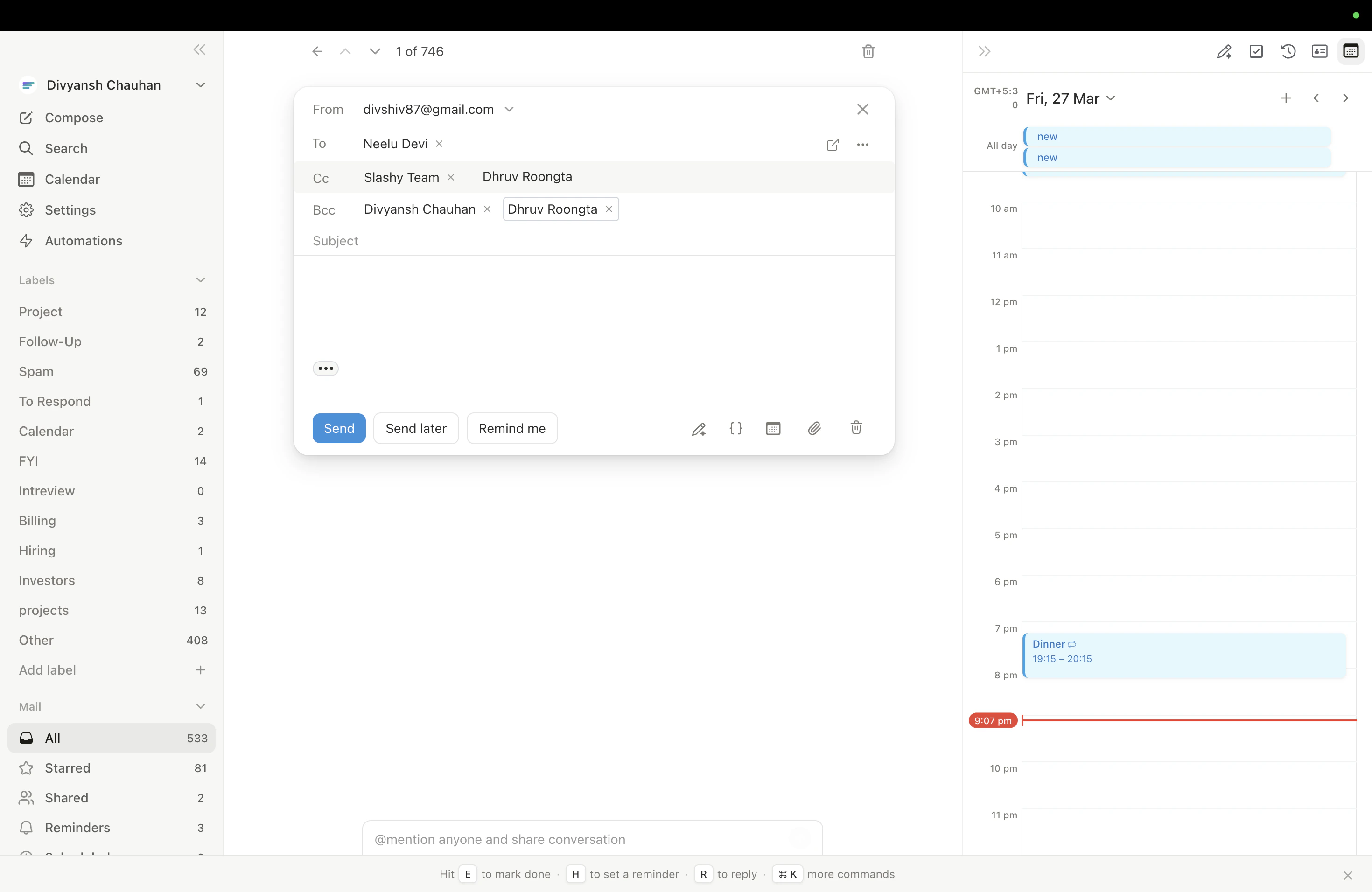 Pop-up compose window floating over the inbox view