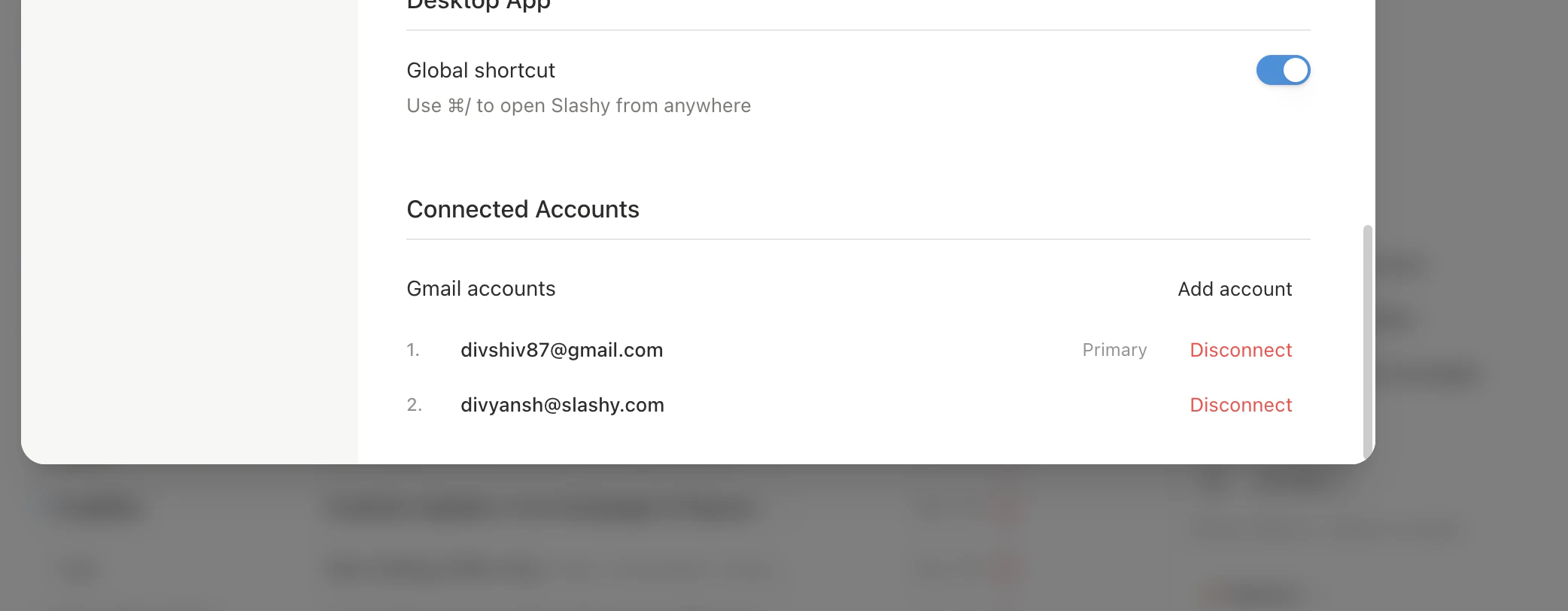 Settings showing two connected Gmail accounts