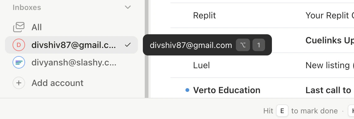 Account switcher showing multiple connected Gmail accounts