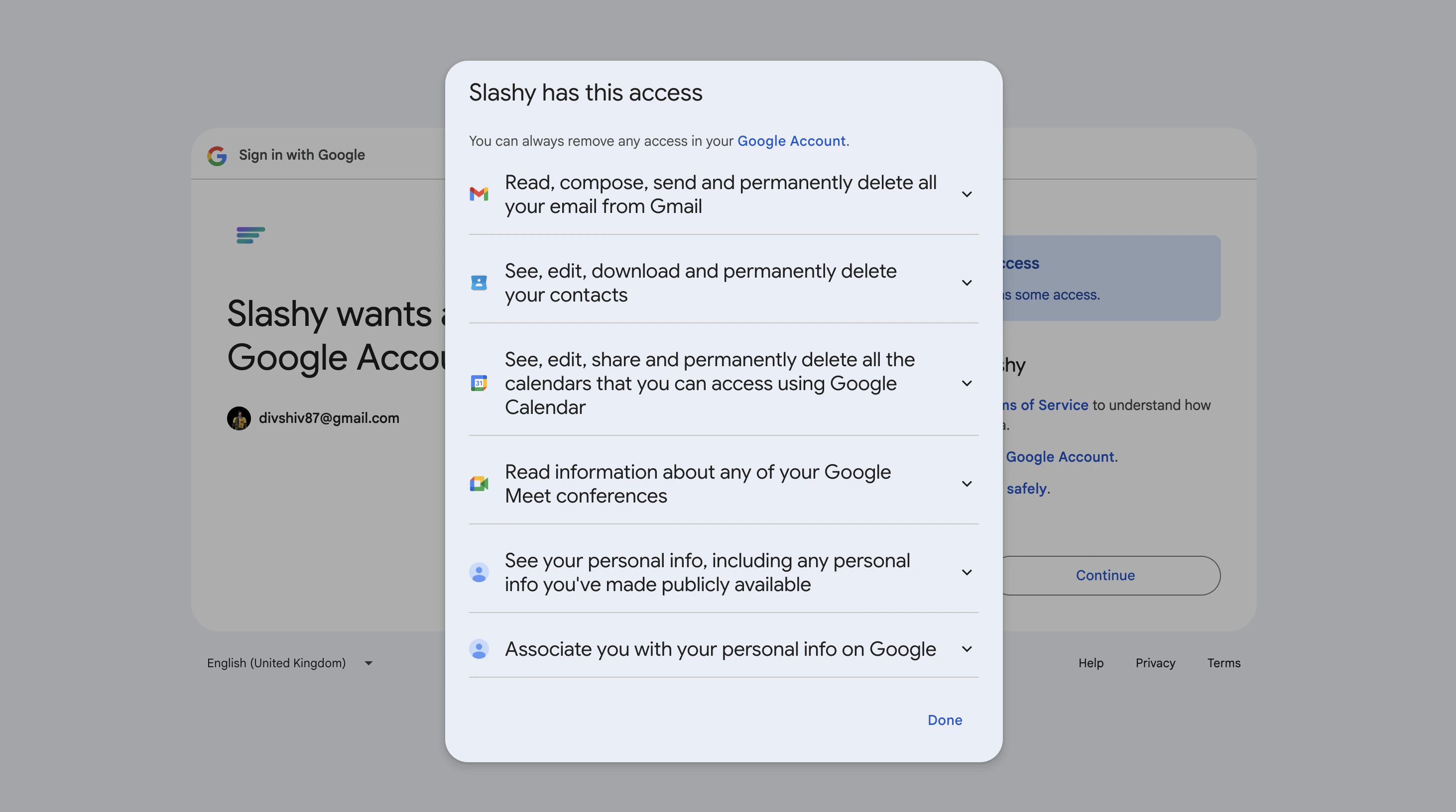 Google OAuth consent screen showing Slashy permissions