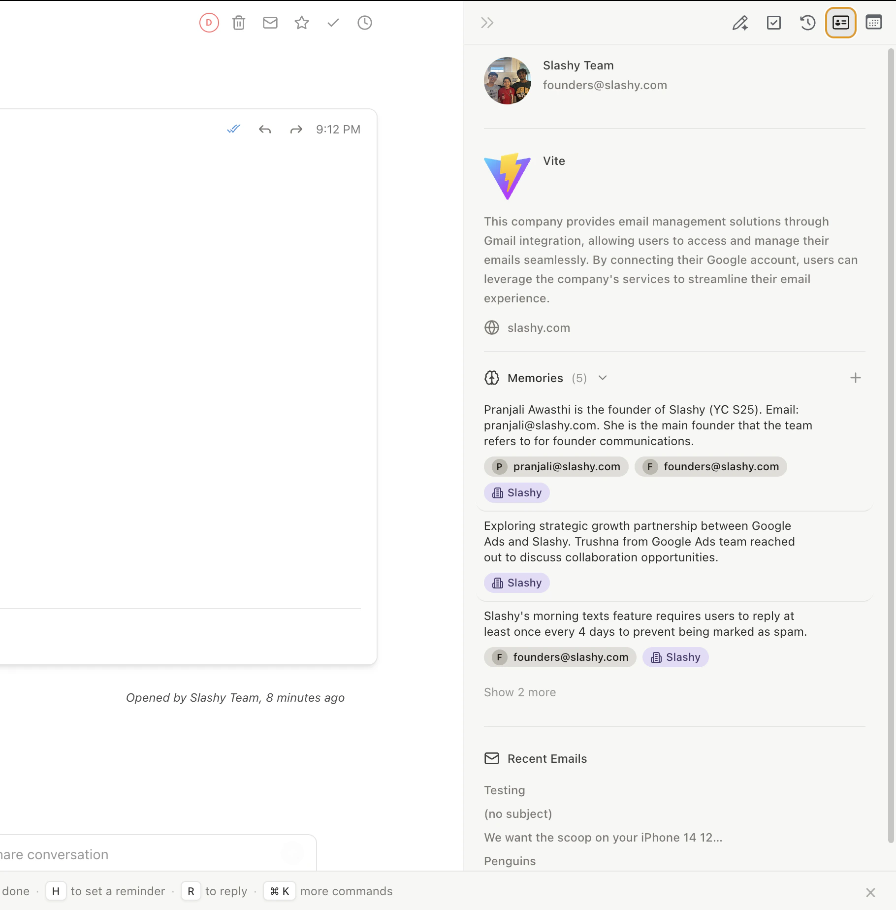 Contact sidebar showing profile photo, name, title, company, and enrichment sections
